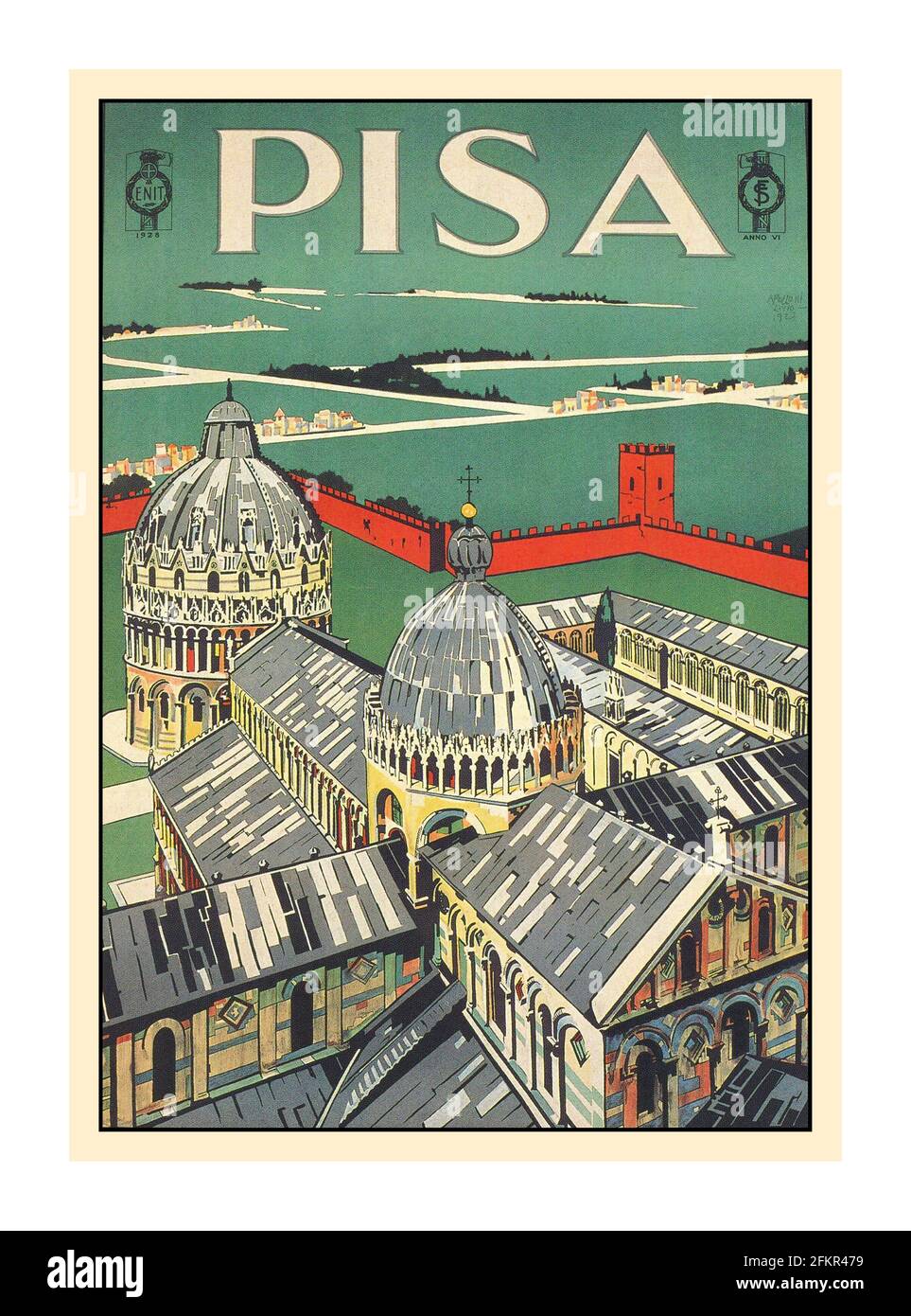 Vintage 1920's Travel Poster 'Pisa' Italie par ENIT officiel Bureau de Voyage italien Pise Italie. Avec place des miracles une zone fortifiée de 8.87 hectares située à Pise, Toscane, Italie, reconnu comme un centre important de l'art médiéval européen et l'un des plus beaux complexes architecturaux du monde, célèbre pour la Tour penchée de Pise. Banque D'Images