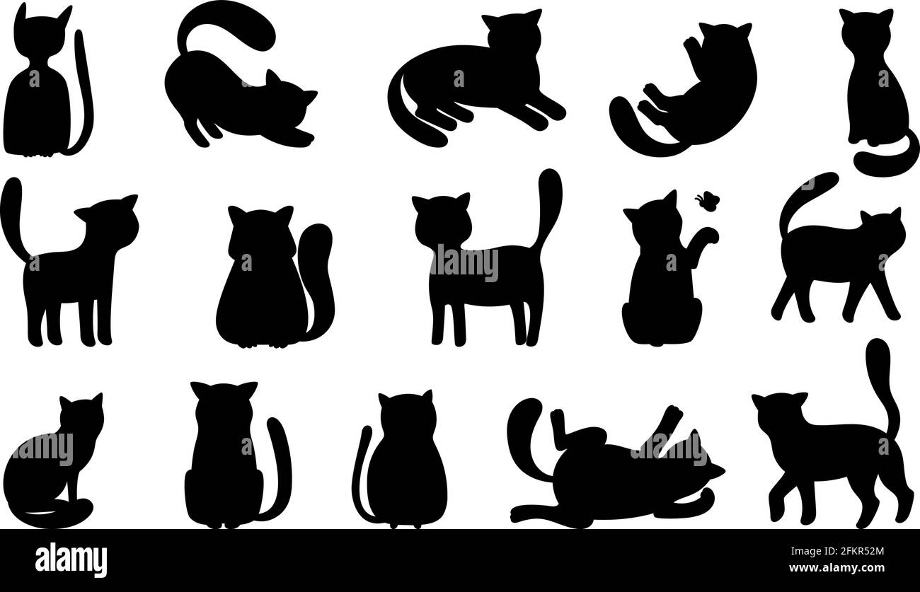 Silhouettes de chat amusantes. Les chats noirs jouent et chassent, mentent et sautent. Vector drôle mewing chatons silhouette ensemble isolé sur fond blanc Illustration de Vecteur