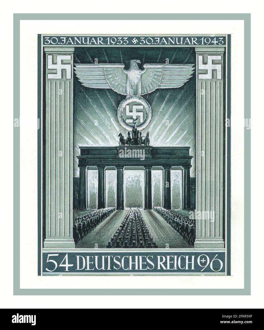 Vintage art stamp préparé Nazi propaganda Porte de Brandebourg Berlin Allemagne nazie 10e anniversaire de la prise du pouvoir par Hitler nazi d'art pour 1933-1943 Deutsches Reich timbre premier jour d'émission Jan 1943 Graphiques par G. Klein Banque D'Images