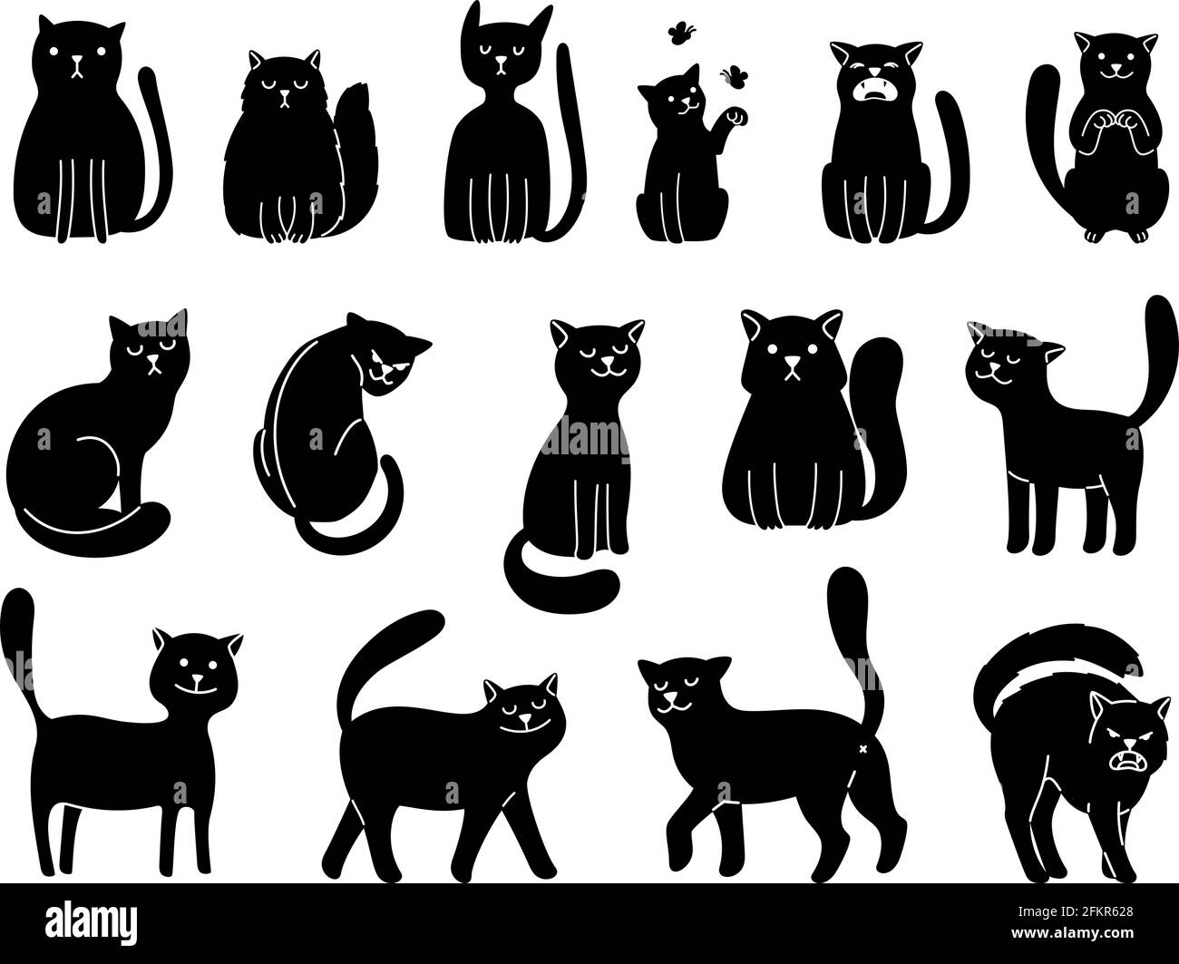 Silhouettes chats sur blanc. Élégantes icônes de chat, drôle de dessin animé curiosité animal noir collection illustration vectorielle isolée sur fond blanc Illustration de Vecteur