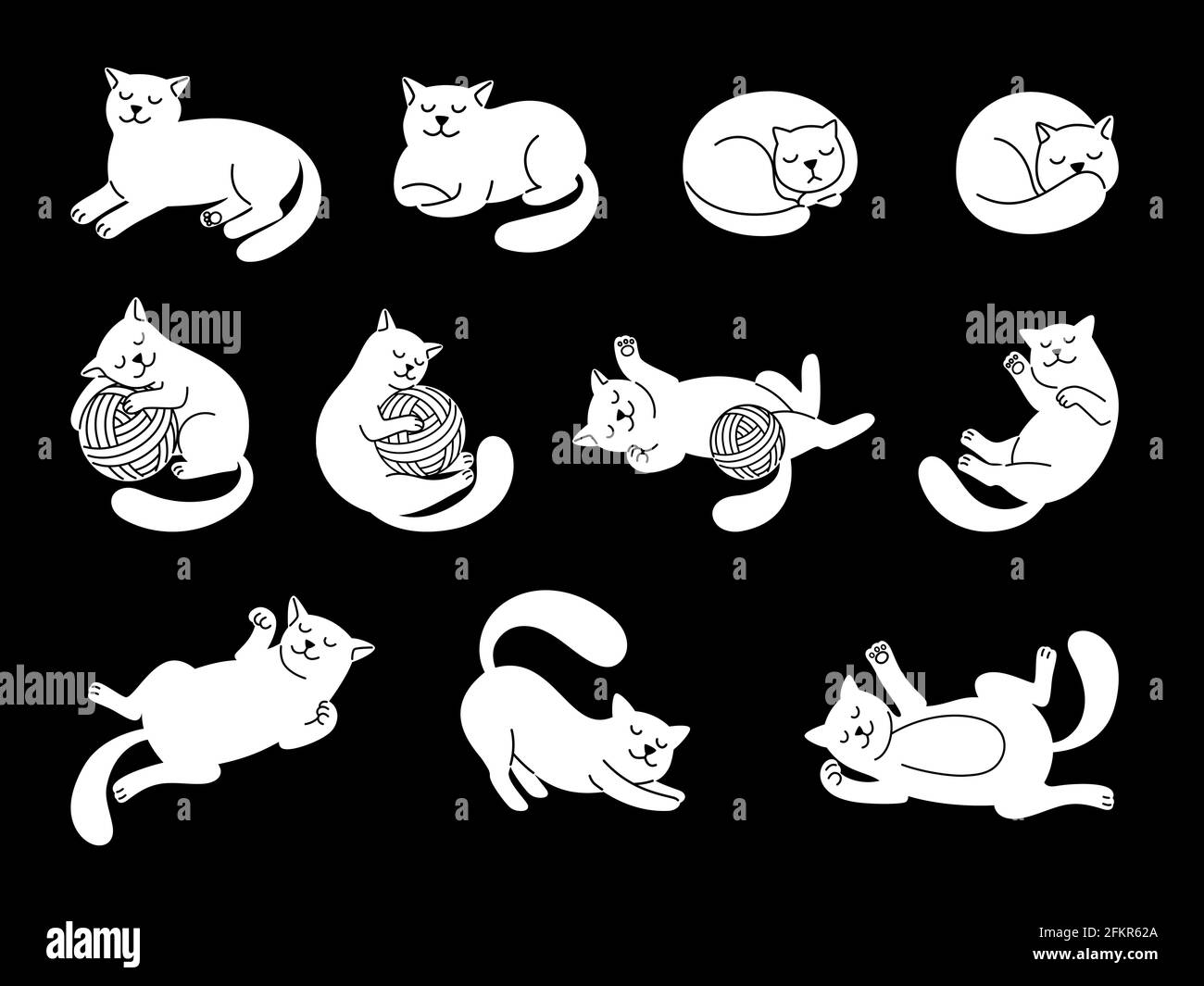 Personnage de chat en forme de doodle blanc. Illustration de vecteur de chats domestiques mignons, esquisse de chatte drôle, couché et dormant dessiné à la main, sautant et jouant des chatons sur fond noir Illustration de Vecteur