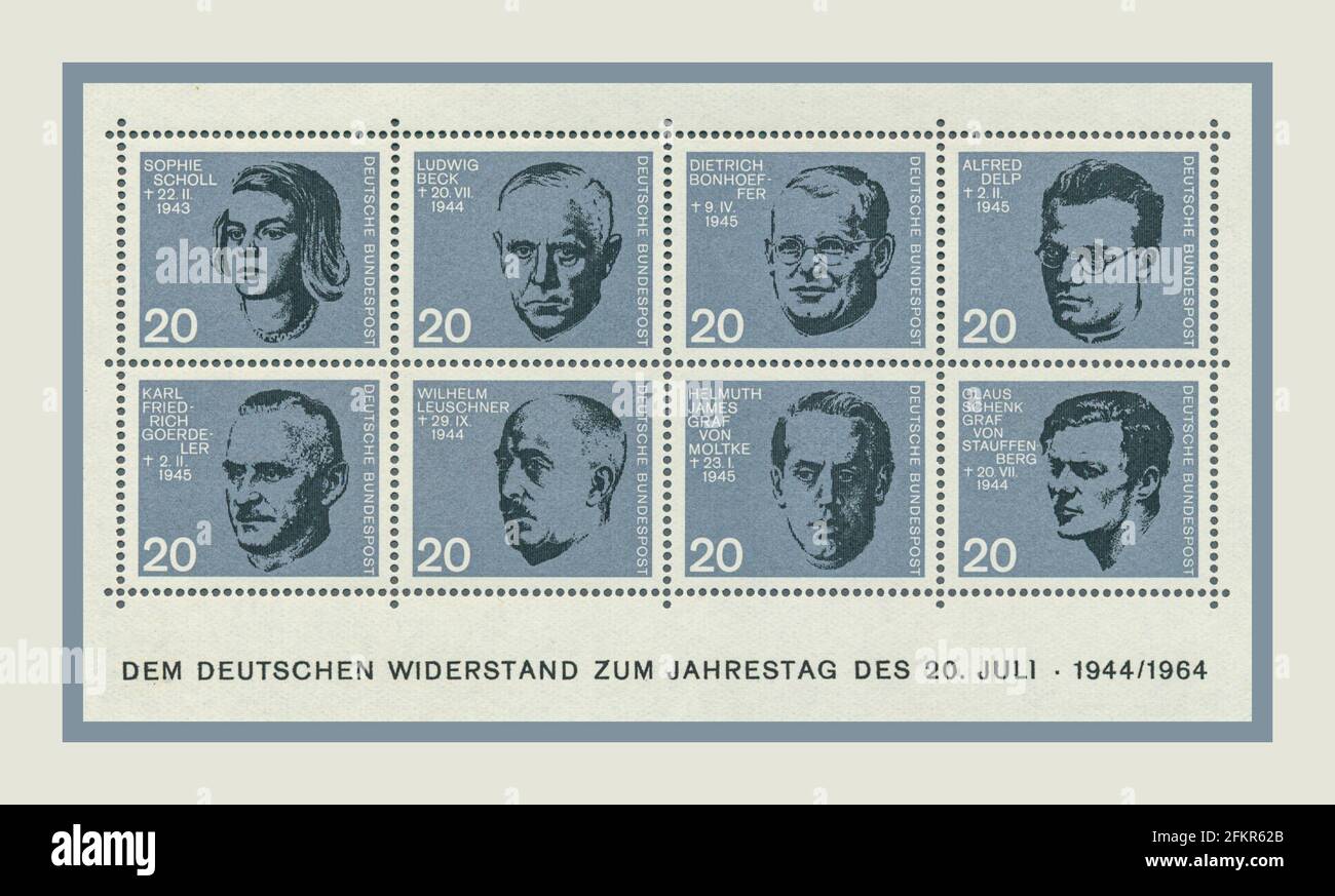 1944-1964 tentative d'assassinat héroïque d'Adolf Hitler timbres commémoratifs '20ème anniversaire de la tentative d'assassinat d'Adolf Hitler du 20 juillet 1944' divers Allemands représentés ont courageusement résisté au troisième Reich nazi et ont joué un rôle dans la tentative d'assassinat d'Adolf Hitler et ont été exécutés. Banque D'Images