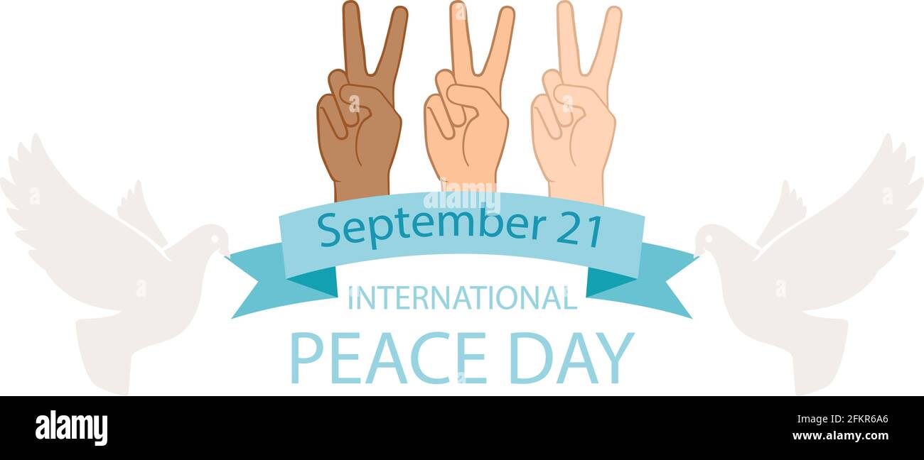 Affiche de la Journée de la paix. Geste international des mains, humanité et nature. Colombes ou pigeons avec ruban. Arrière-plan vectoriel Illustration de Vecteur