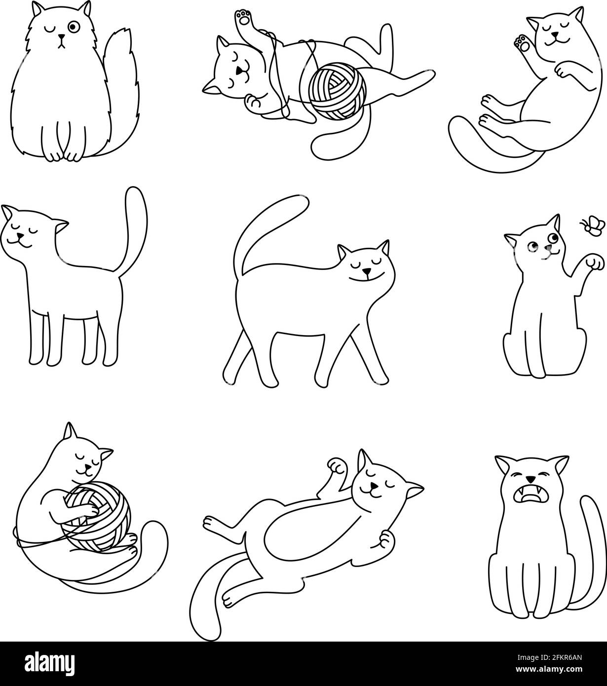 Gribouillages de ligne de chats. Vector dessin animé mignon dessin de chat, lignes minimalistes jouant des images de chatons domestiques isolées sur fond blanc Illustration de Vecteur