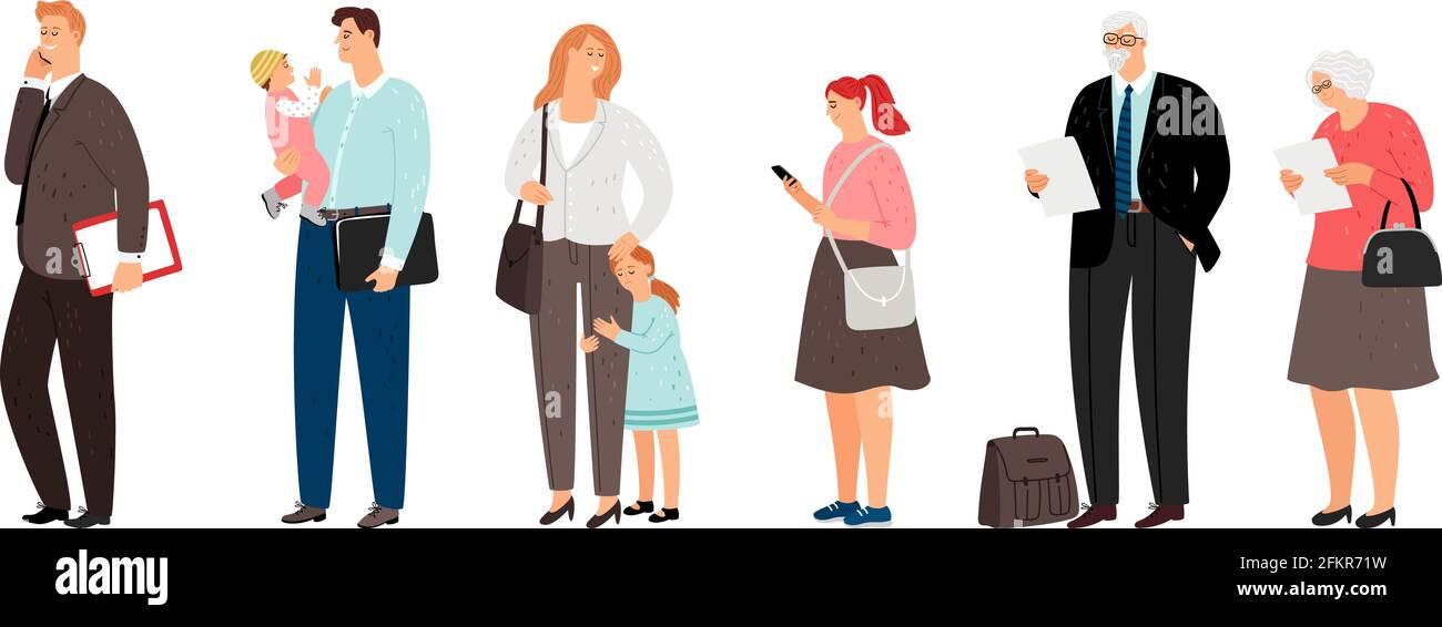Personnes d'âges différents. Parents avec enfants, homme et femme âgés, adolescent. Personnes isolées dans les caractères vectoriels de ligne d'attente Illustration de Vecteur