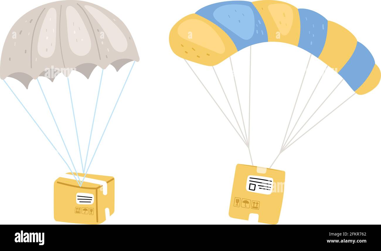 Colis avec parachute. Express Smart Delivery métaphore. Illustration du vecteur volant des boîtes isolées Illustration de Vecteur