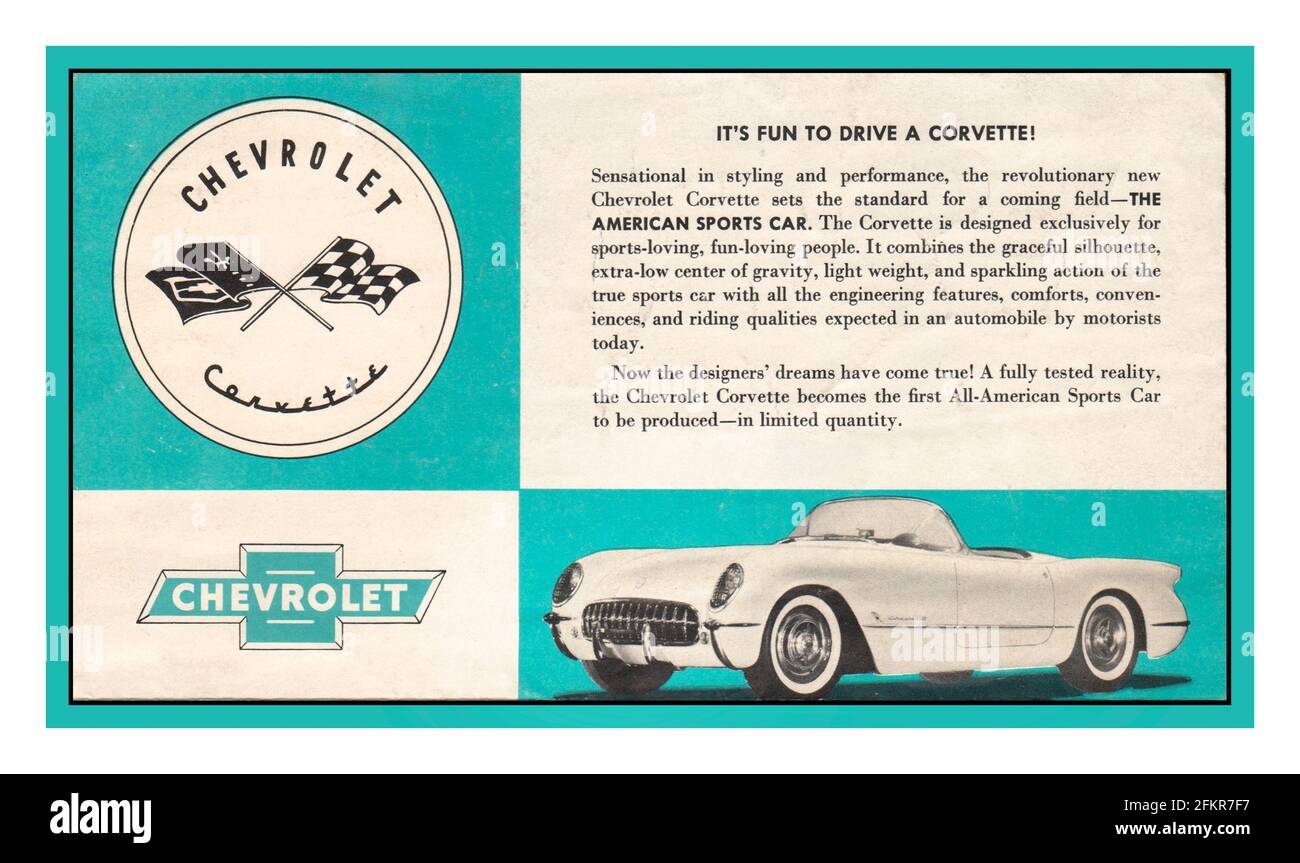 Corvette 1953 de Chevrolet Iconic Sports car Press Publicité « LA VOITURE DE SPORT AMÉRICAINE » « son plaisir de conduire une Corvette » Chevrolet Iconic Luxury American White 2 dr coupé Sports car Press Publicité Americana années 1950 mode automobile années 1950 Amérique États-Unis la Corvette de Chevrolet (C1) est la première génération de la Corvette Voiture sport produite par Chevrolet. Il a été lancé à la fin de l'année modèle 1953 Banque D'Images