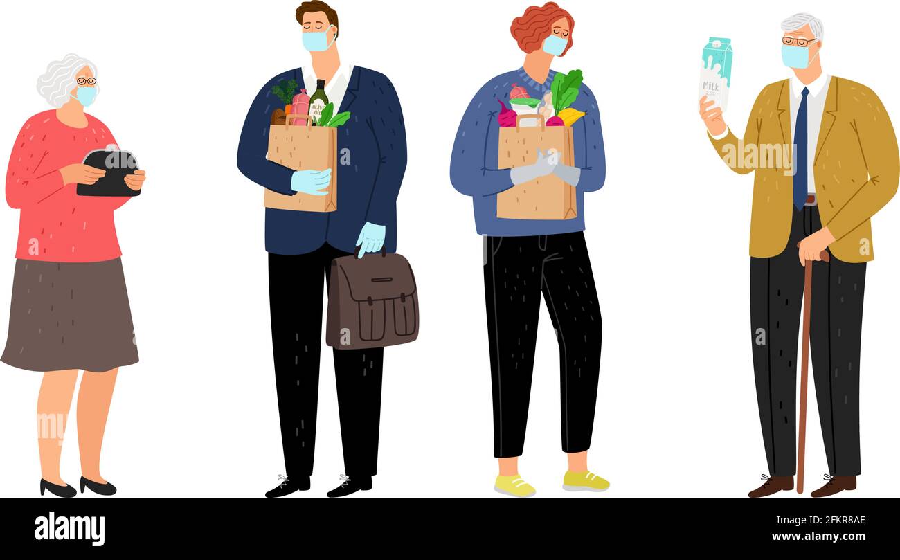 Personnes âgées et bénévoles. Jeune femme homme avec de la nourriture pour les personnes âgées. Grands-parents attendant l'aide sociale, isolé plat diffirent générations personnages illustration vectorielle Illustration de Vecteur