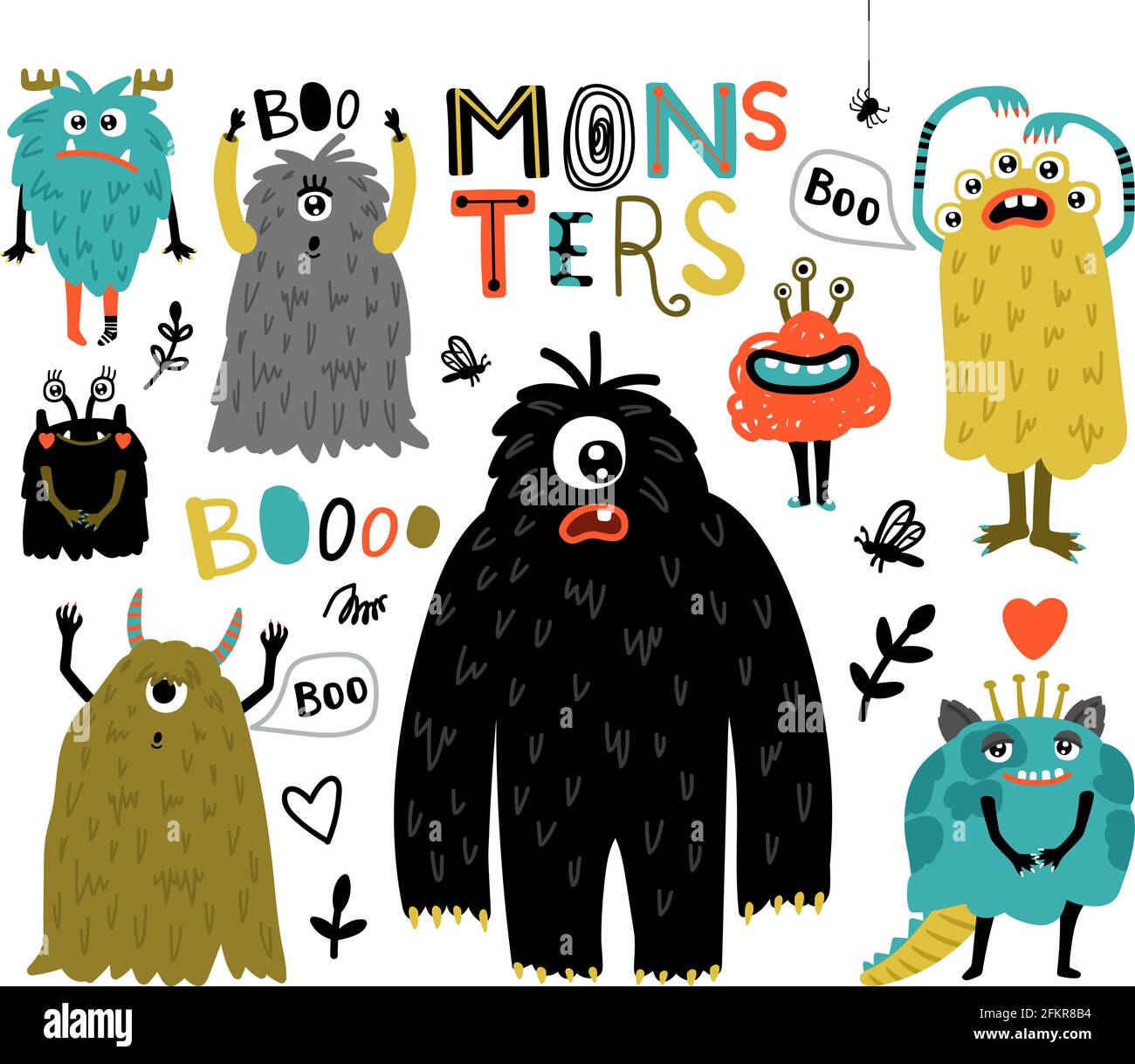 Monstres à fourrure de bande dessinée. Créatures mignonnes avec visage amusant, petits symboles amusants d'horreur, personnages d'humour pour mascotte, illustrations vectorielles monstres pour autocollants isolés sur le dos blanc Illustration de Vecteur