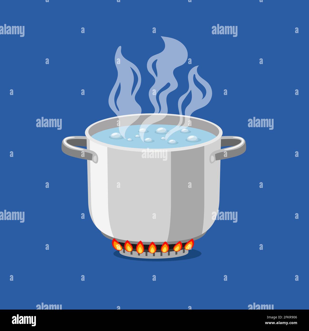 Faire la poêle sur le feu. Pot de dessin animé avec eau chaude bouillante, illustration vectorielle de l'objet de cuisine sur gaz flamboyant isolé sur fond bleu Illustration de Vecteur