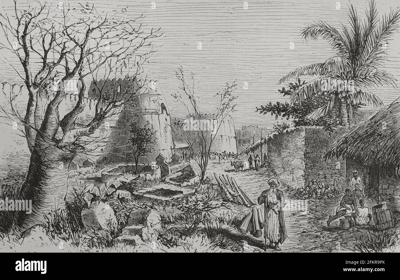 Histoire de l'Afrique. 19e siècle. Fort portugais de Zanzibar. Gravure. El Congo y la Creación del Estado Independiente de este nombre. Historia de los Trabajos y Exploraciones Verificados (le Congo et la fondation de son État libre. Une histoire de travail et d'exploration), par Henry M. Stanley. Édité à Barcelone, ca. 1890. Espagne. Banque D'Images