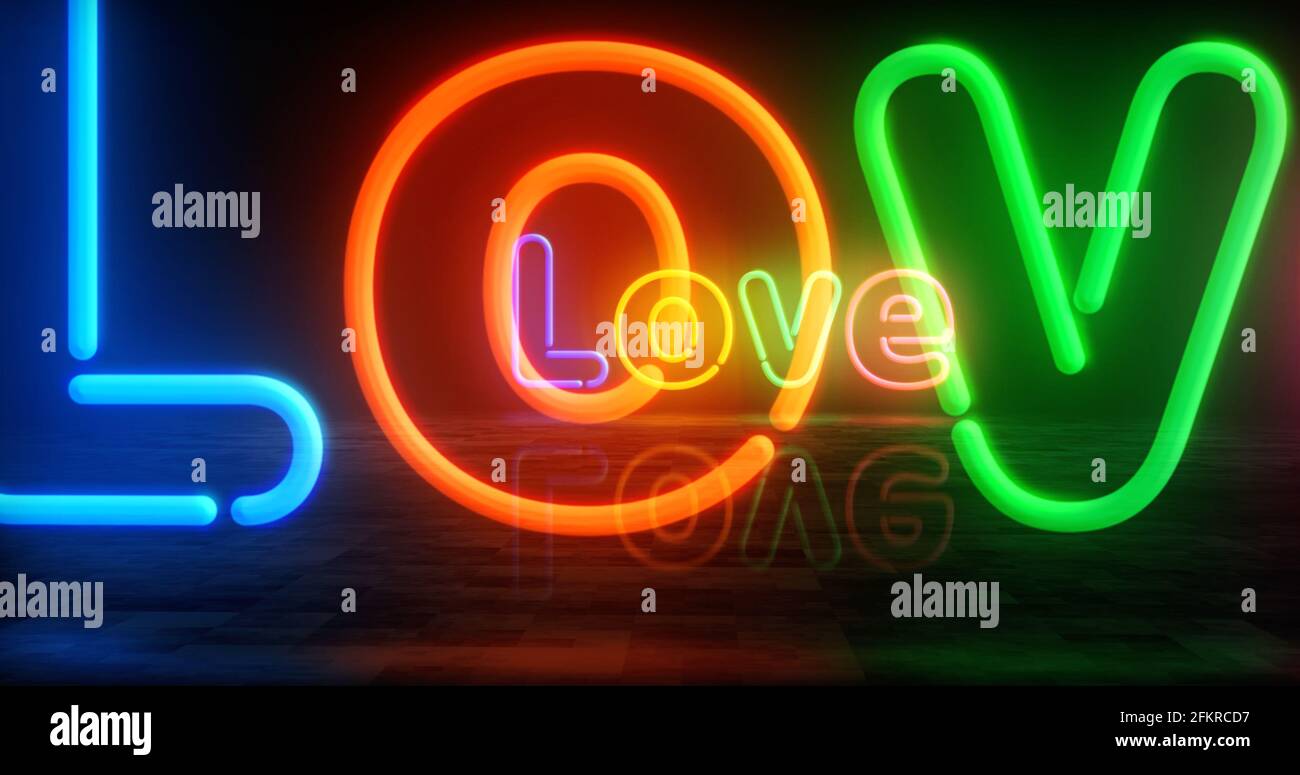 Symbole d'amour symbole néon. Ampoules de couleur claire avec enseigne technologique romantique. Illustration 3d du concept abstrait. Banque D'Images