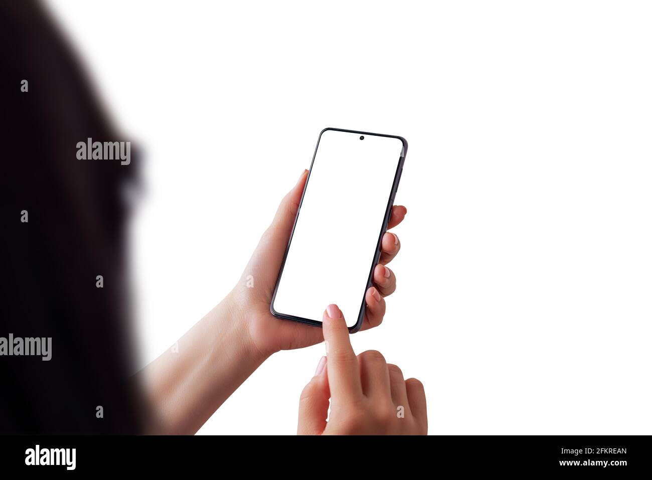 Femme isolée tête, mains et smartphone. Écran isolé pour la présentation de l'application ou du site Web. Vue sur l'épaule Banque D'Images
