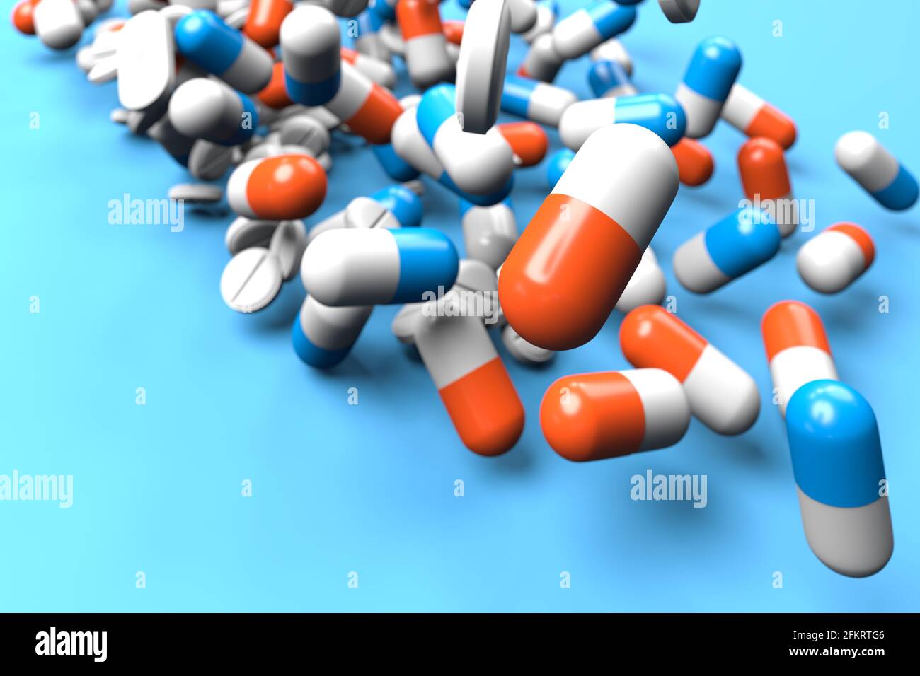 Pilules et comprimés bleus, orange et blancs tombant sur un fond bleu turquoise. Concept de pharmacie et de surmédication. Mise au point sélective Banque D'Images