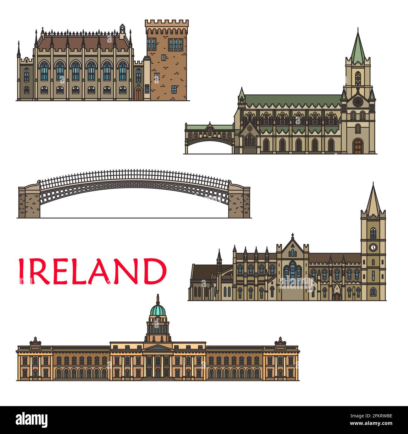 Irlande Voyage monuments, bâtiments d'architecture de Dublin, visite de vecteur. Château irlandais à Dublin, Ha penny ou pont Liffey, Custom House, Chris Illustration de Vecteur