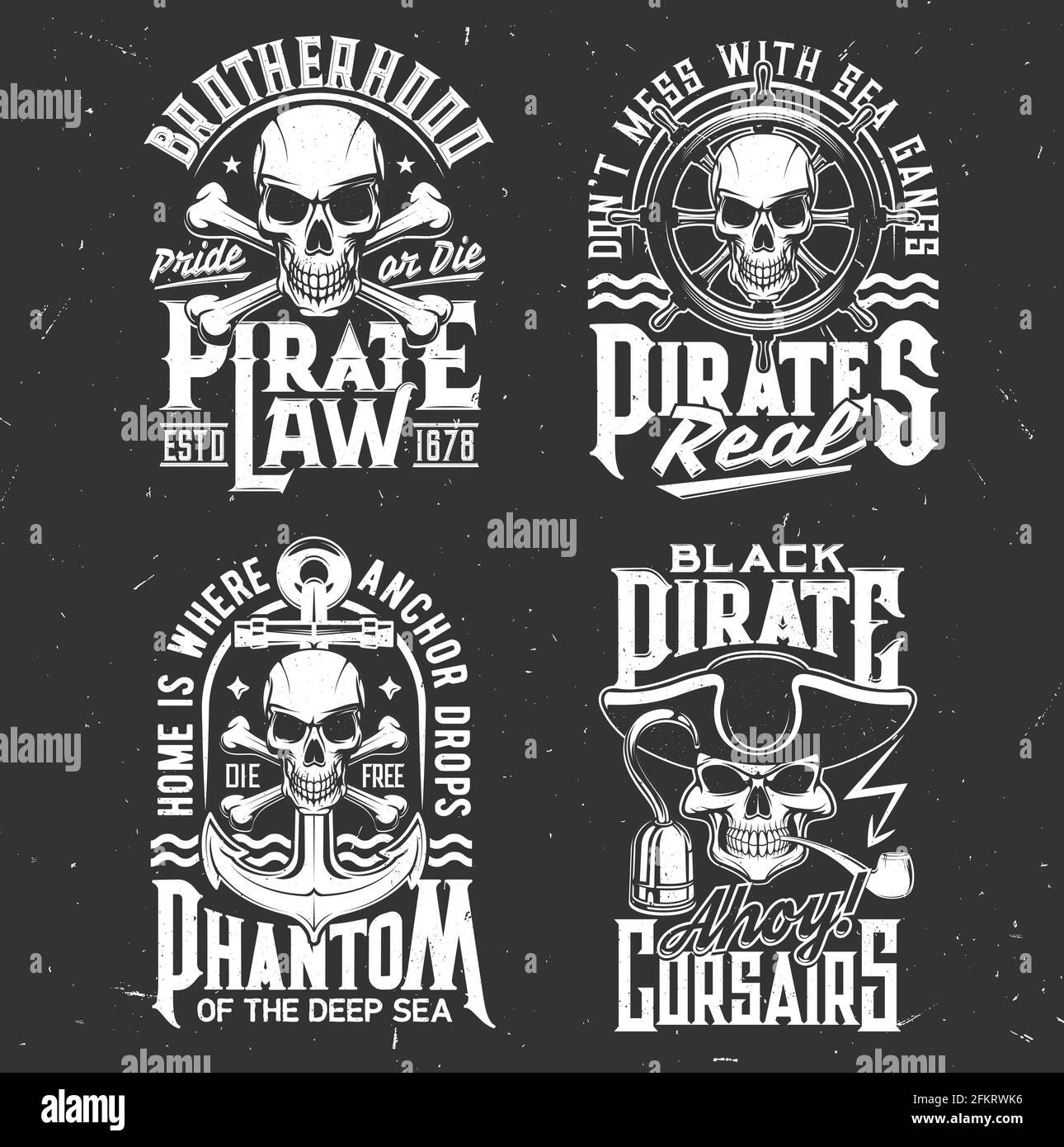 Modèles vectoriels pour t-shirt Pirate et corsair Skulls. Vêtement imprimé personnalisé avec crâne de film, pipe à fumer et crochet à main, os, pirate Illustration de Vecteur