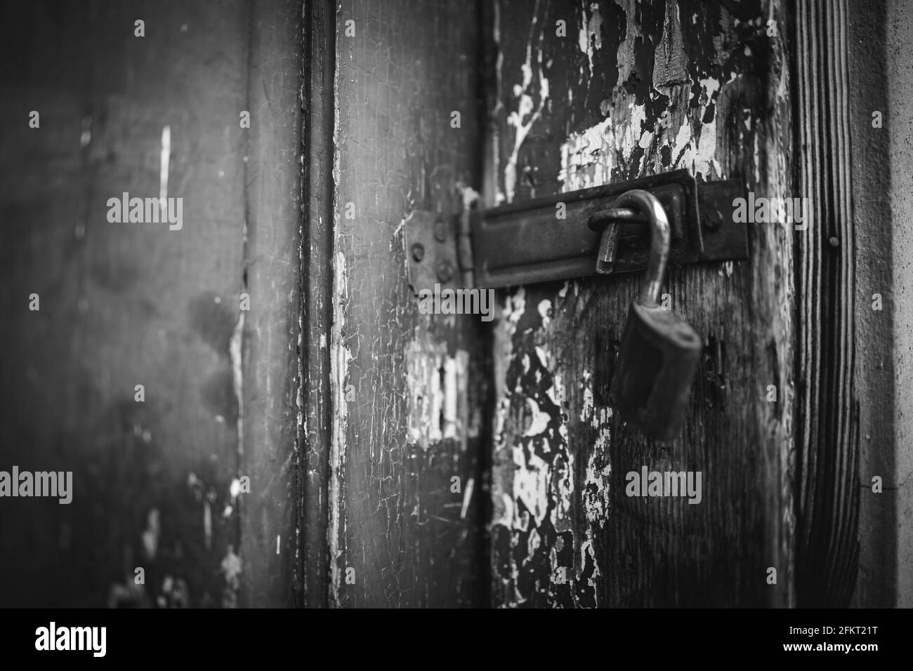 Prise de vue en niveaux de gris d'un cadenas ouvert sur une porte en bois Banque D'Images