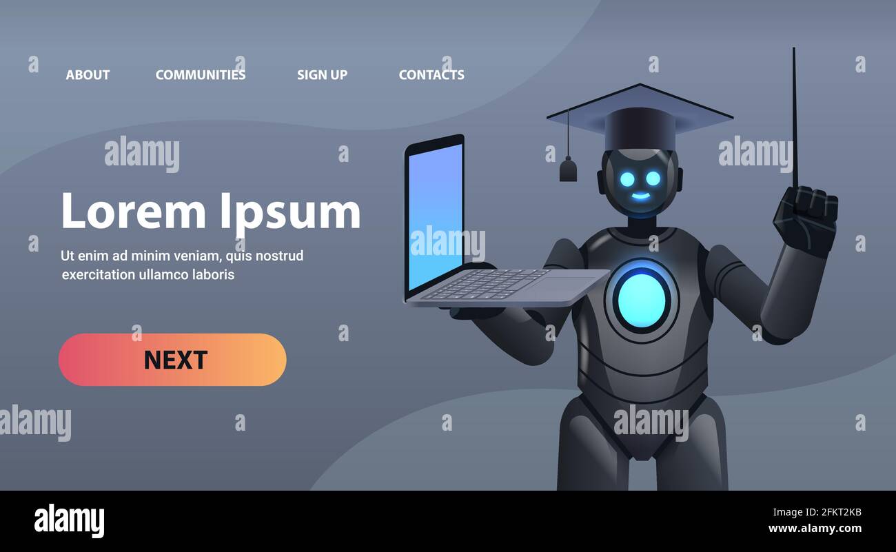 professeur de robot noir dans le chapeau de la remise des diplômes tenant l'éducation en ligne d'ordinateur portable concept d'intelligence artificielle Illustration de Vecteur
