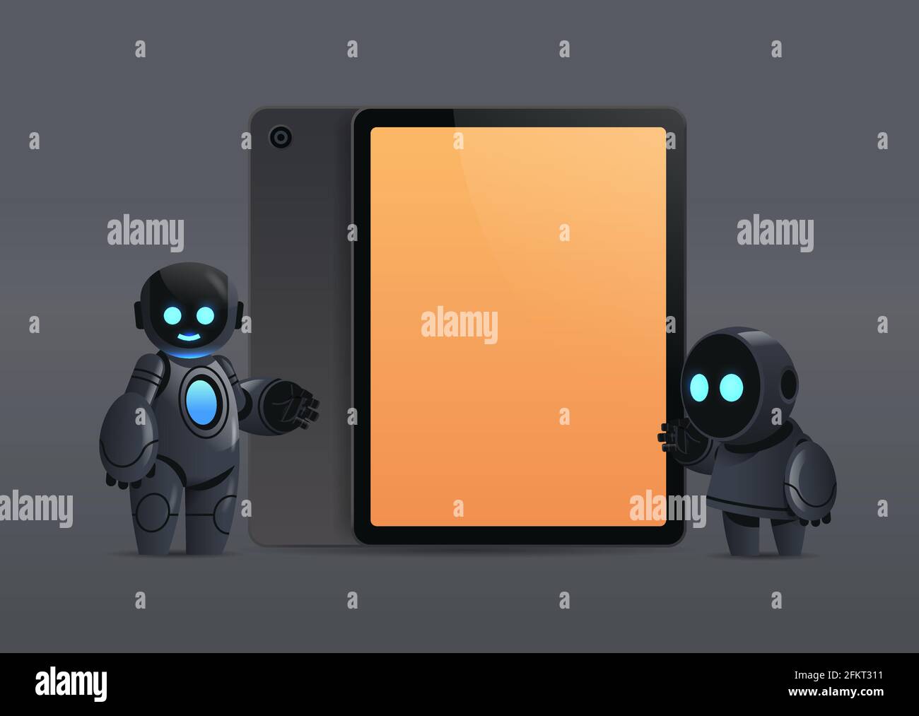 des robots modernes se tiennent près d'un tablet pc avec écran vierge technologie d'intelligence artificielle de caractère robotique Illustration de Vecteur
