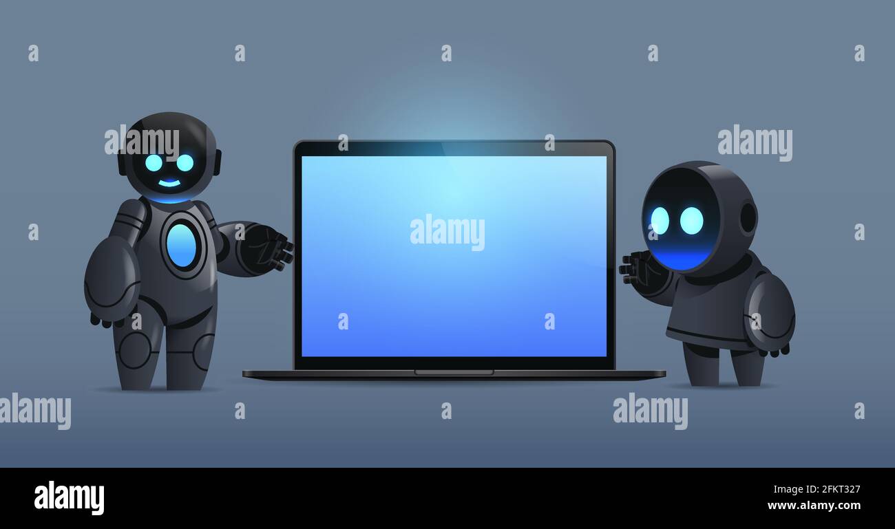 des robots modernes se tiennent près d'un ordinateur portable avec un robot d'écran vierge technologie d'intelligence artificielle de caractère Illustration de Vecteur