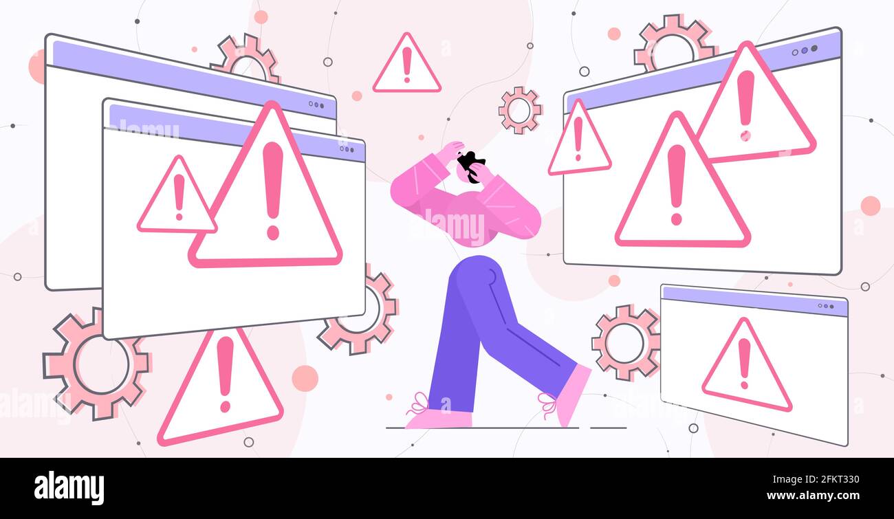 un homme frustré réagissant au danger, un point d'exclamation signale une cyber-attaque problématique alerte d'escroquerie du signal d'avertissement de piratage Illustration de Vecteur