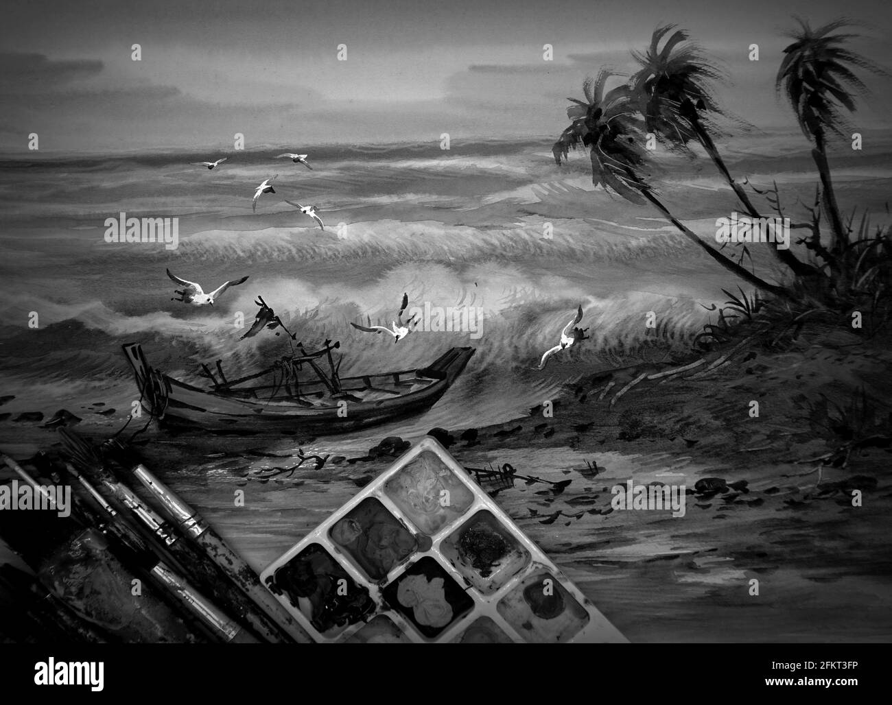 Aquarelle peinture art classe , mer, vague, oiseaux, bateau , noir et blanc Banque D'Images