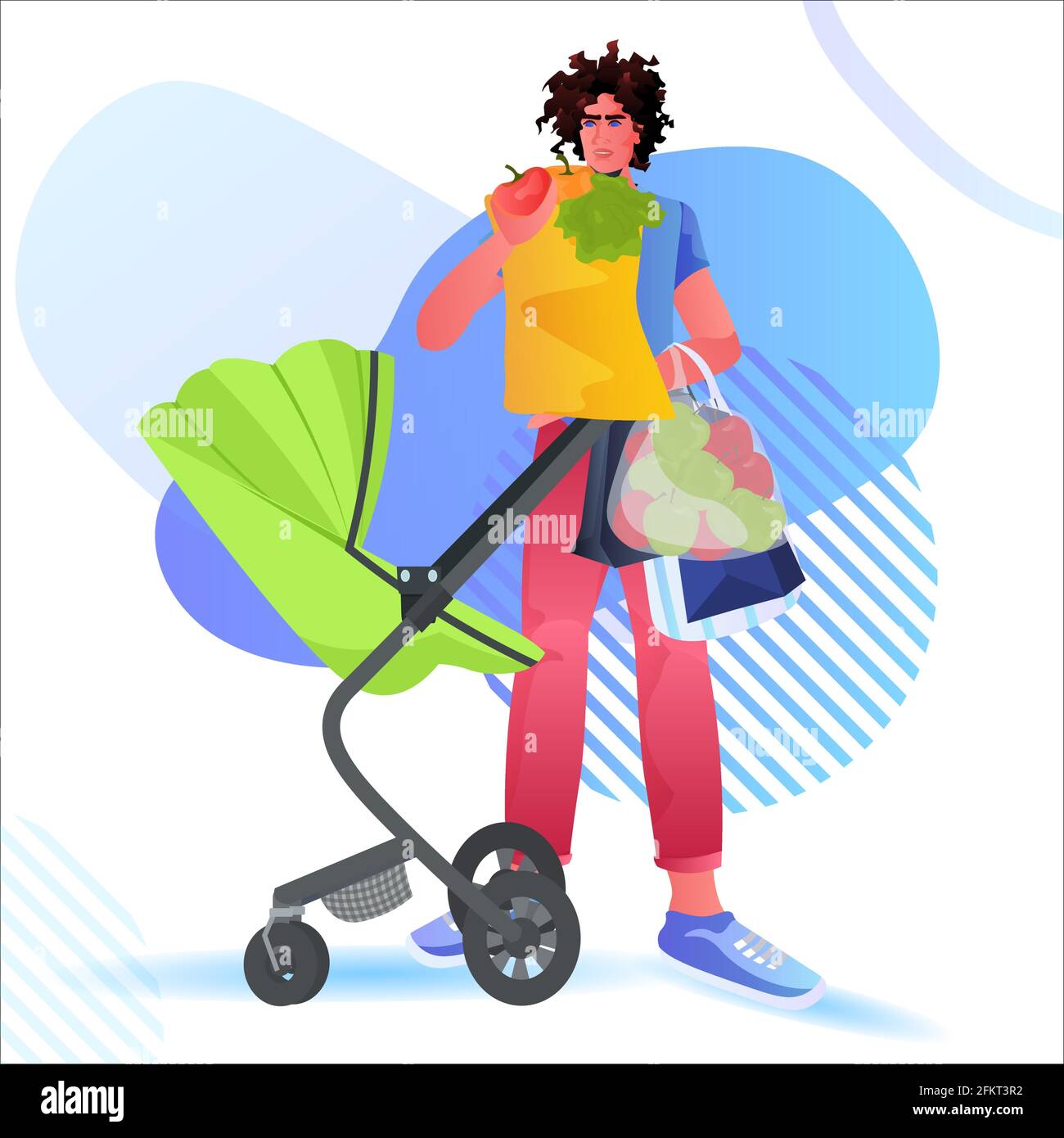 jeune père marchant avec bébé nouveau-né dans la paternité poussette parent concept Illustration de Vecteur
