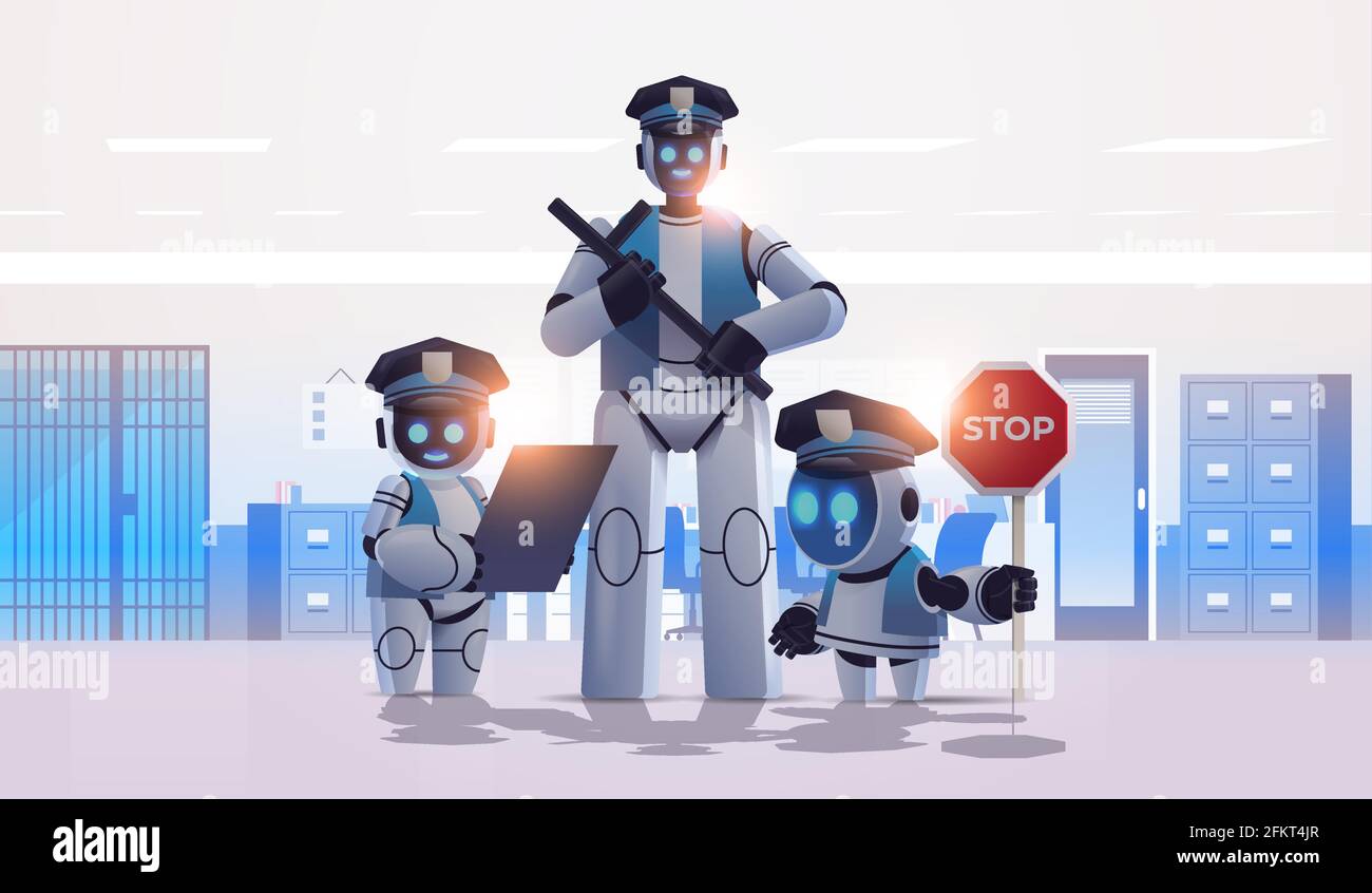 les robots de police patrouillent en uniforme, en tenant ensemble l'intelligence artificielle concept de technologie Illustration de Vecteur