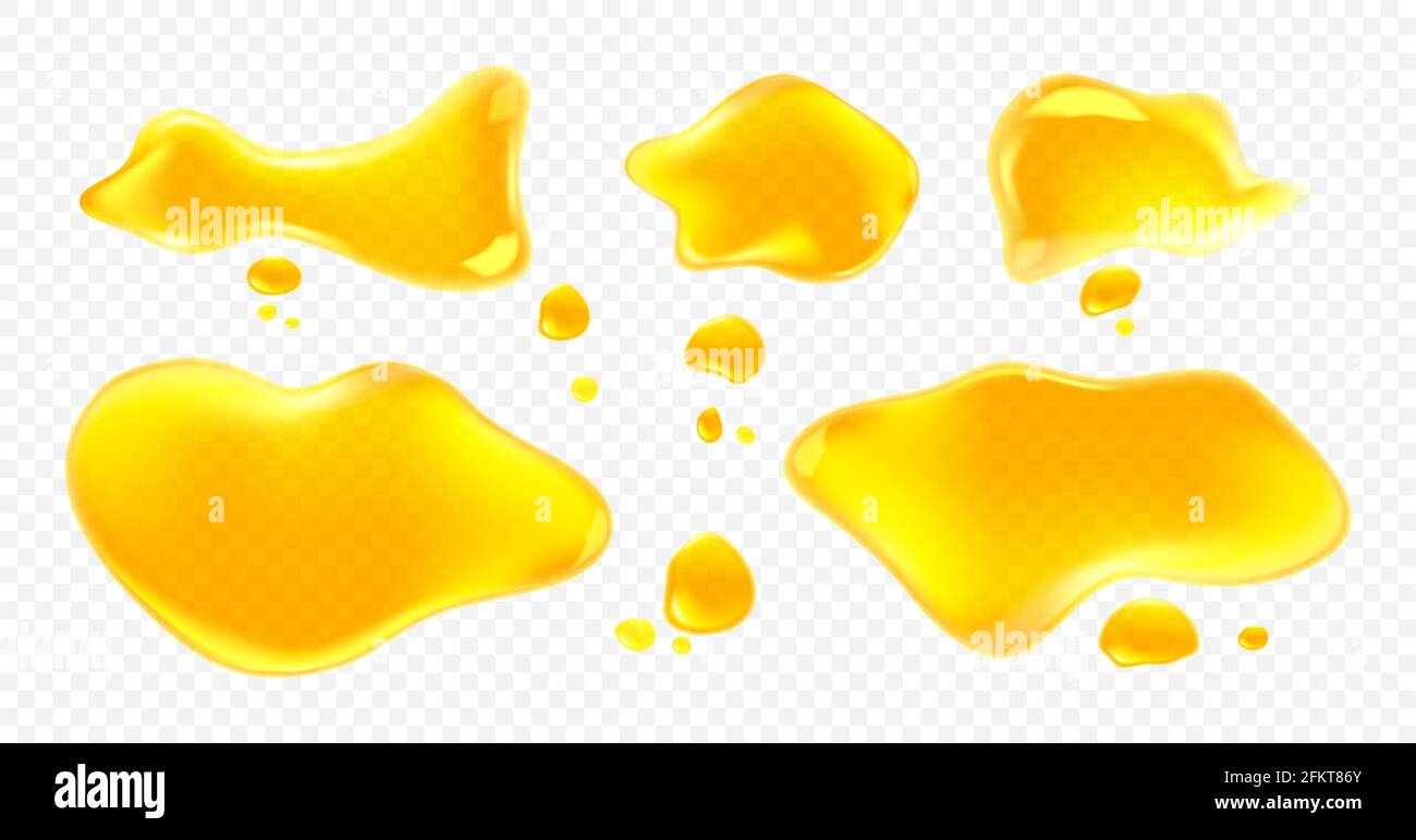 Déversements de jus jaune, d'huile ou de miel isolés sur fond transparent. Vector Realistic ensemble de flaques et gouttes de jus d'orange, de citron ou de mangue liquide clair vue du dessus Illustration de Vecteur