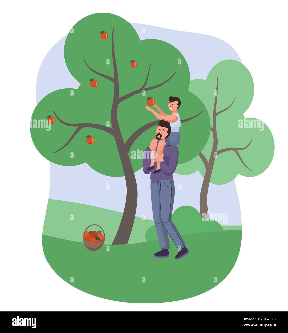 Papa et fils cueillant des pommes dans le jardin, personnage vectoriel. Pommes de récolte Orchard. Agriculture familiale, paternité enfance heureuse Illustration de Vecteur