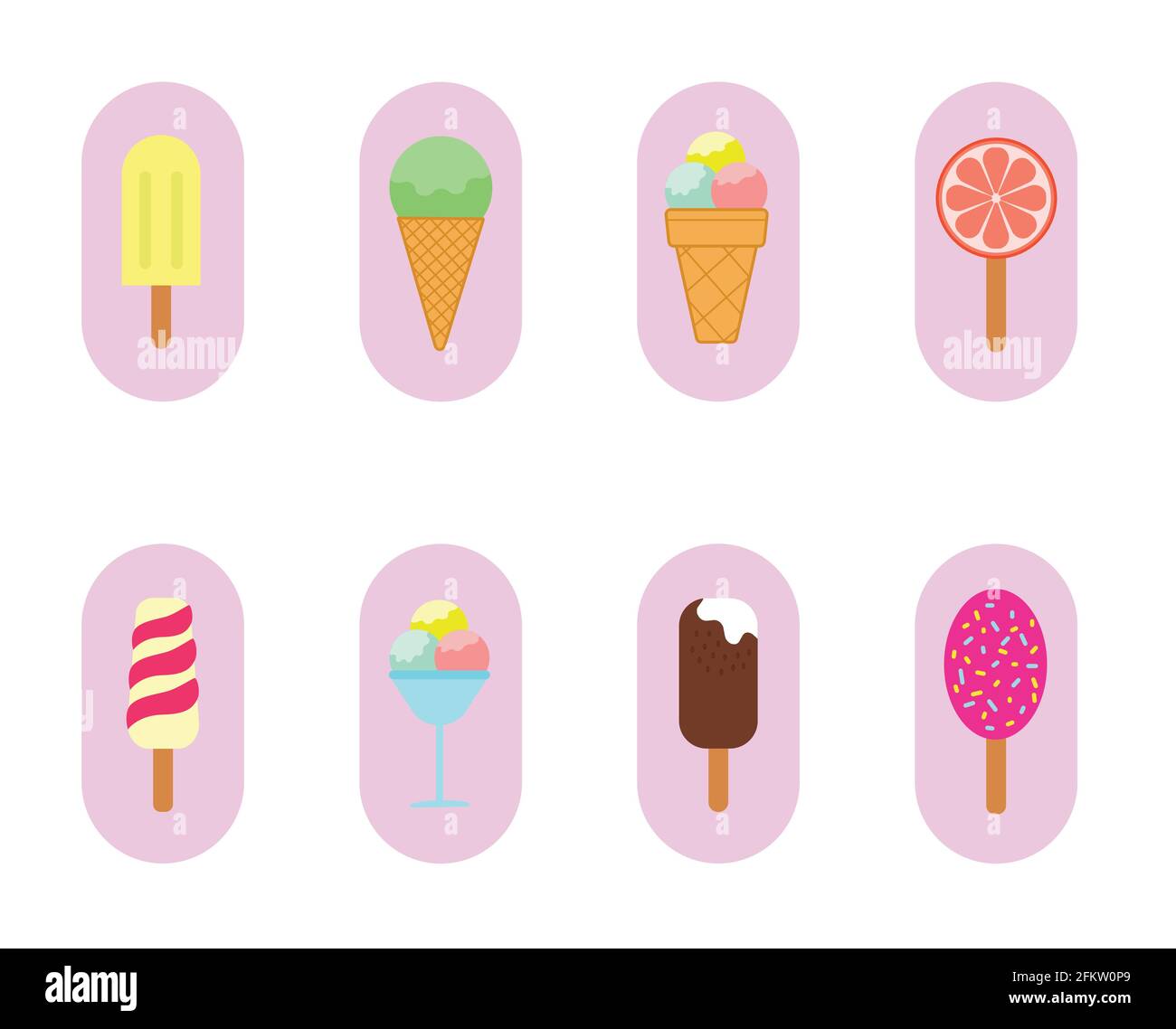 Ensemble d'icônes de crème glacée, différentes variétés de dessert de crème glacée congelée. Lally à la crème glacée, popsicle, popsicle à la vanille au chocolat, sorbet gaufré, gla Illustration de Vecteur