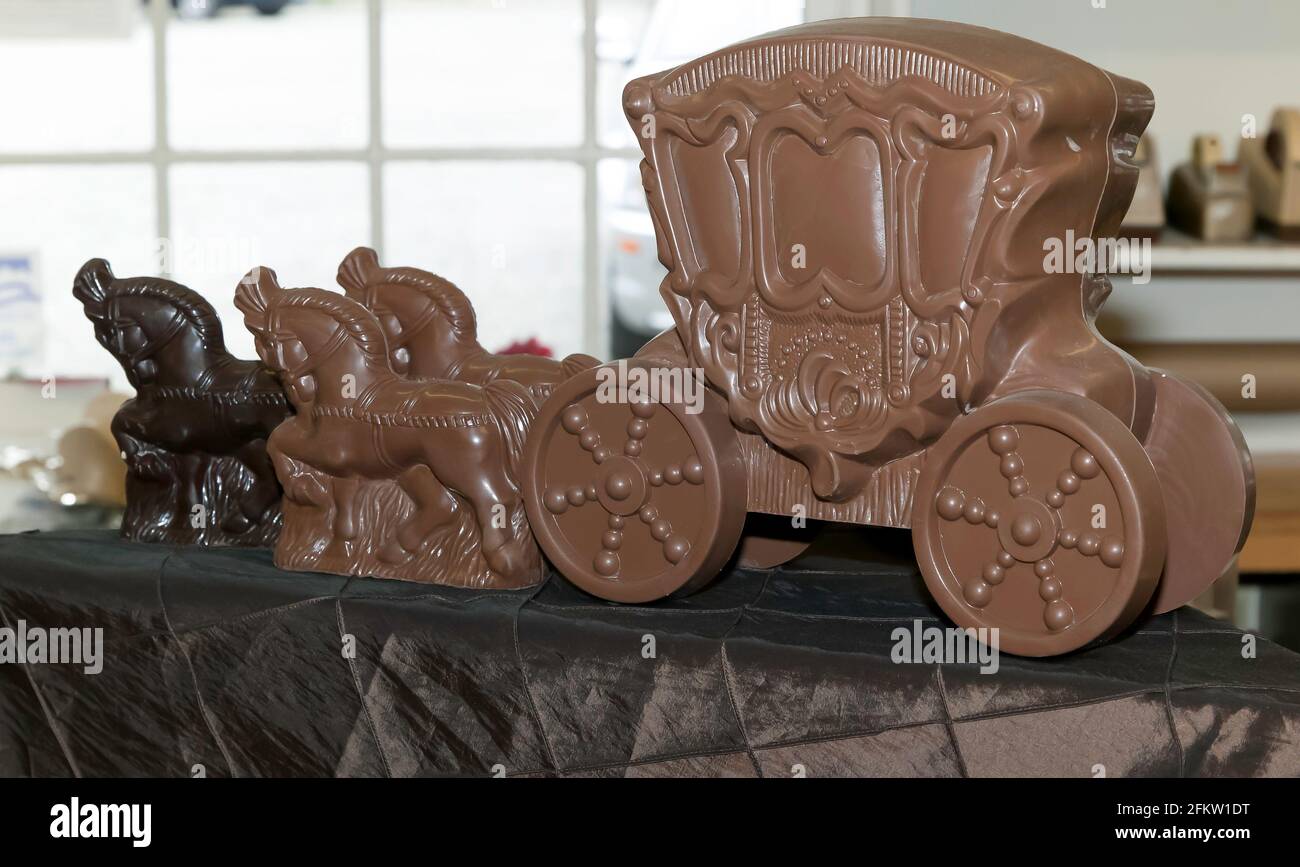 Gros plan d'un Chocolate Horse and Carriage exposé à la fabrique de chocolat de Boehms, Issaquah Banque D'Images