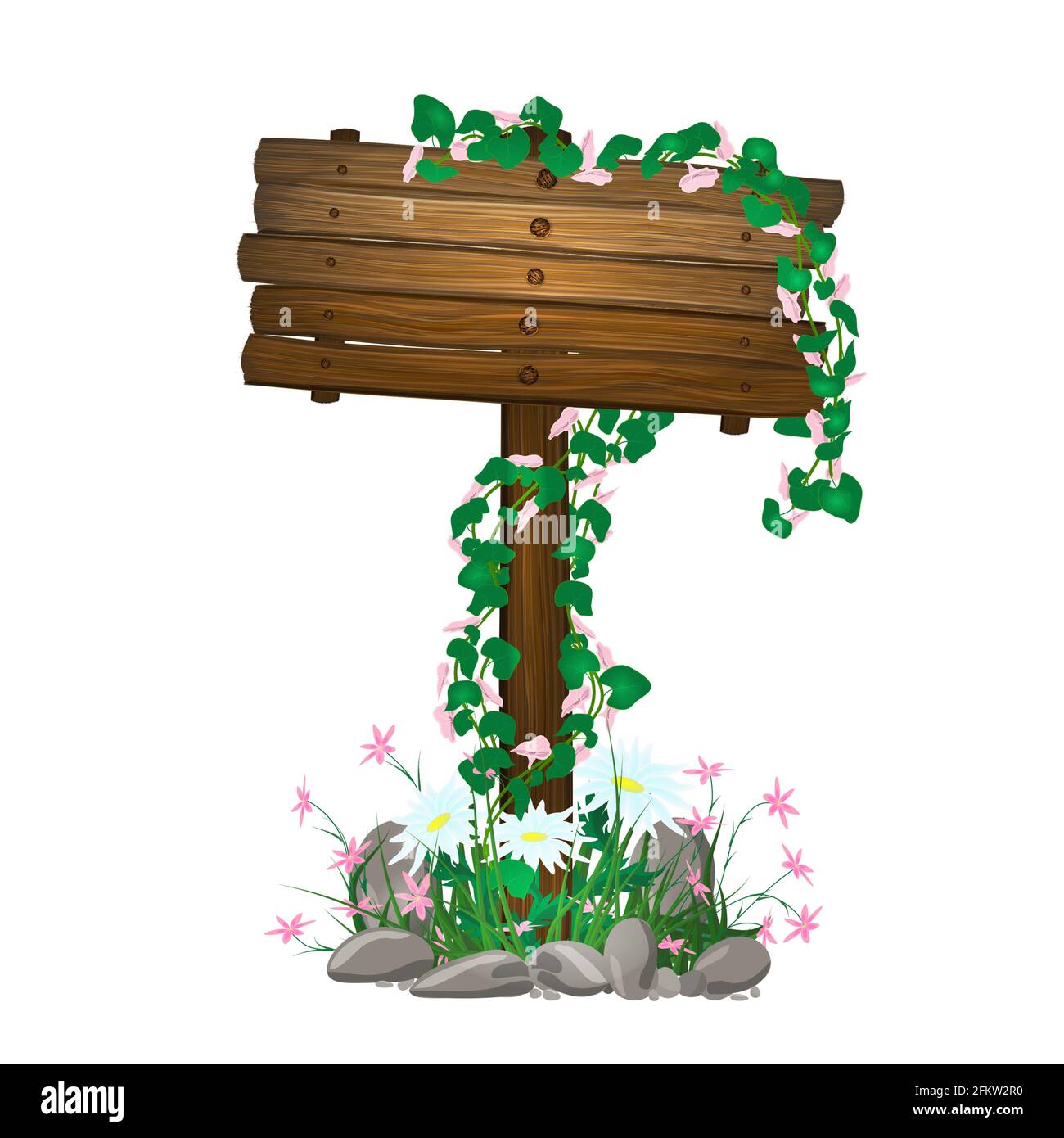 panneau en bois, poteau, panneau, dans l'herbe et les pierres, recouvert de lierre, version été. Illustration vectorielle de style dessin animé. Isolé sur un coup Illustration de Vecteur
