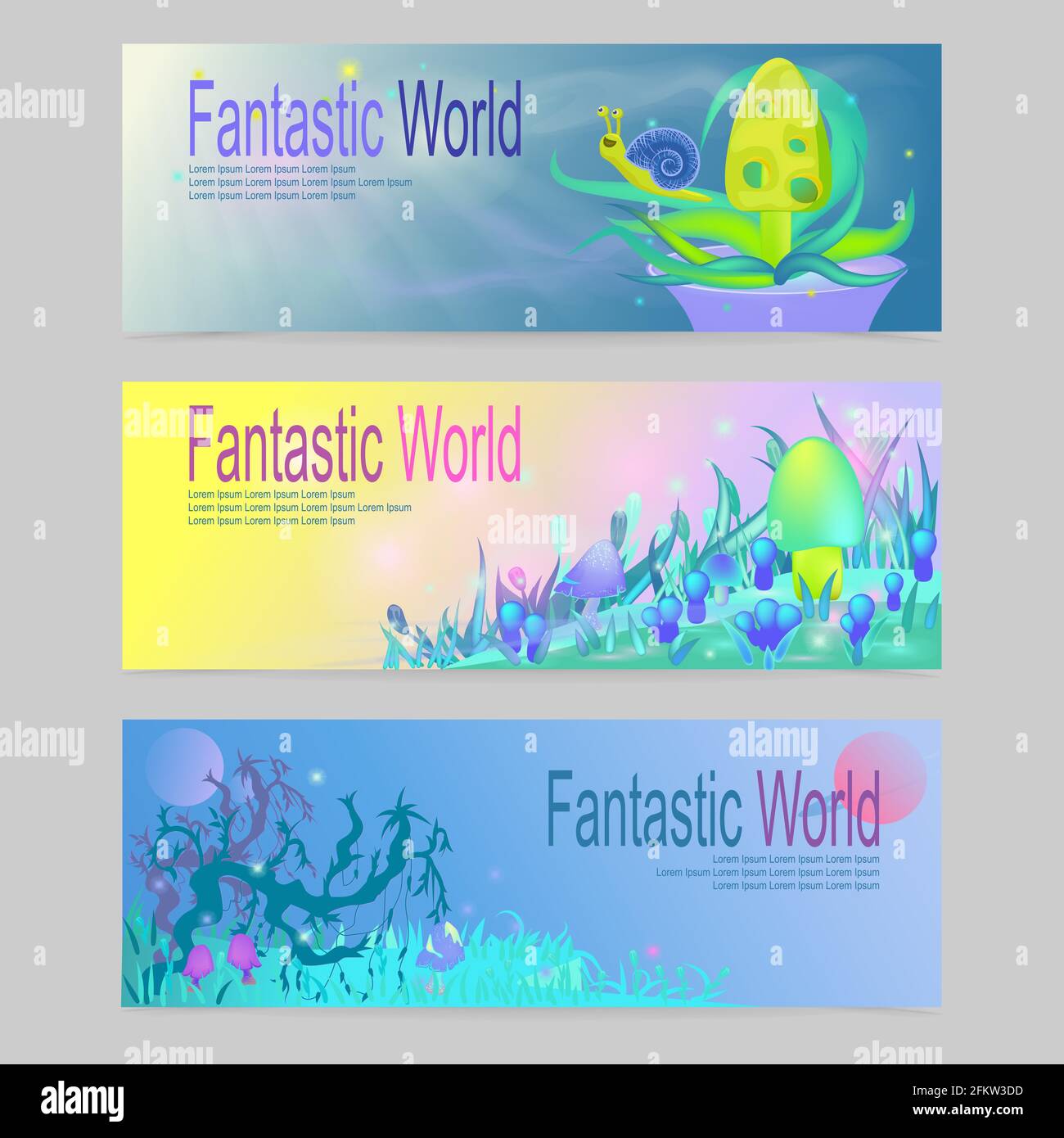 Un ensemble de bannières horizontales avec des paysages magiques, des plantes et des champignons et l'inscription Fantastic World. Illustration vectorielle de dessin animé sur un neutra Illustration de Vecteur