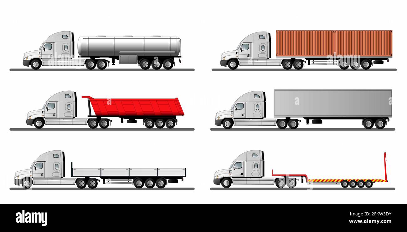 Ensemble d'images d'un camion américain moderne avec différent variantes de semi-remorques isolées sur fond blanc Banque D'Images