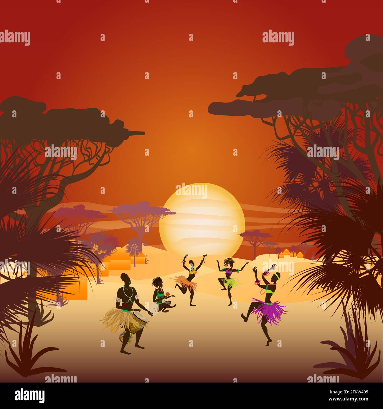 Coucher de soleil africain avec danses indigènes en costumes ethniques, soleil couchant, palmiers et savane. Illustration vectorielle. Illustration de Vecteur