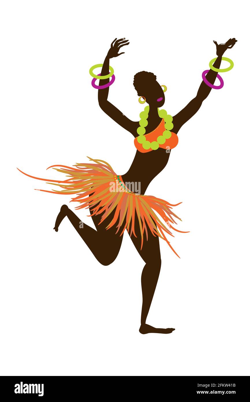 Une belle fille noire africaine vêtue d'une tenue africaine traditionnelle colorée danse une danse nationale rituelle. Un personnage de style dessin animé isolé Illustration de Vecteur