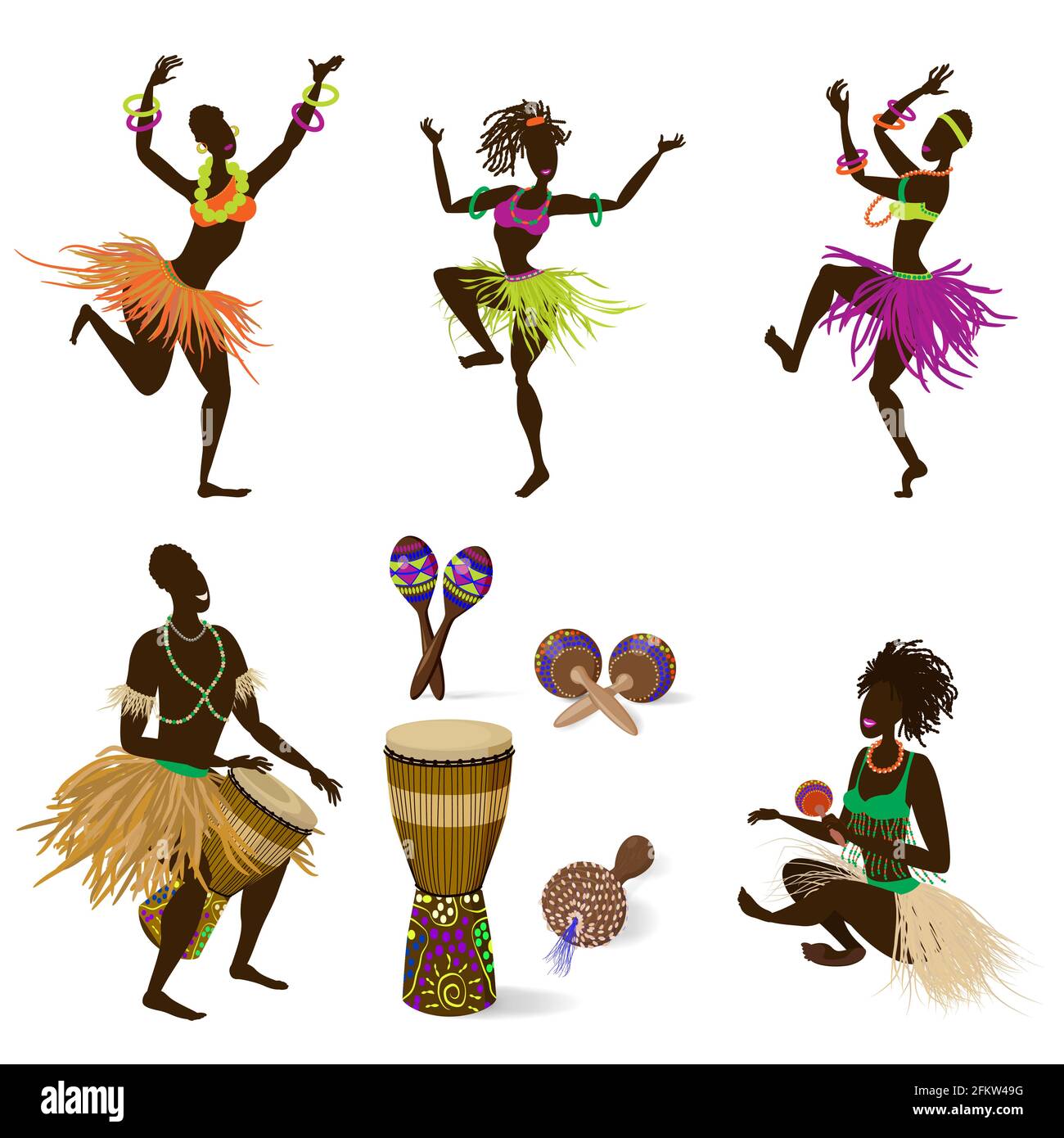 Un ensemble de figures dansantes de personnes et d'instruments de musique ethniques africains, un tambour Jumbo et divers maracas. Illustration vectorielle en style de dessin animé, iso Illustration de Vecteur