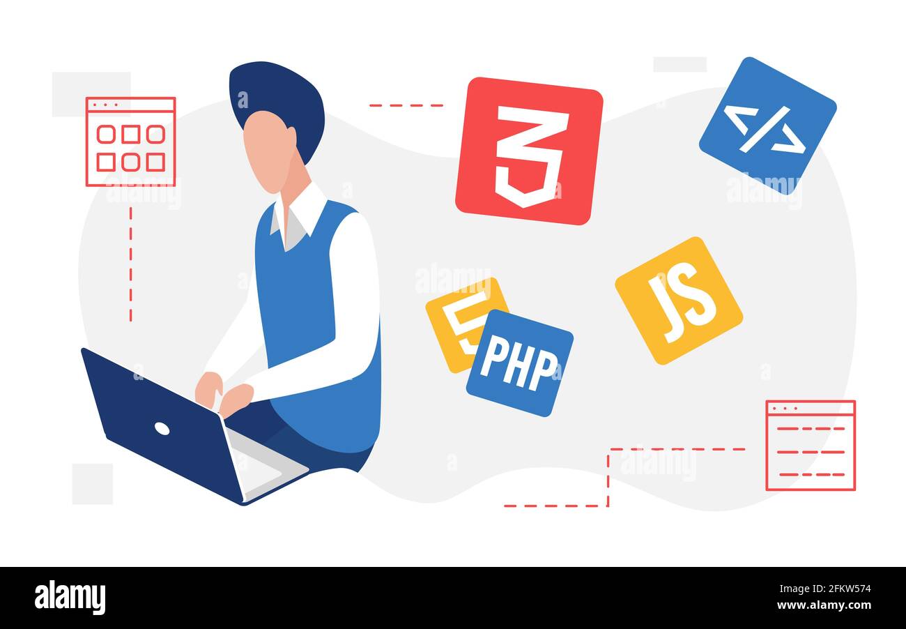 Les développeurs de personnes créent du code, programmant le langage Web avec des icônes, programmeur travaillant Illustration de Vecteur