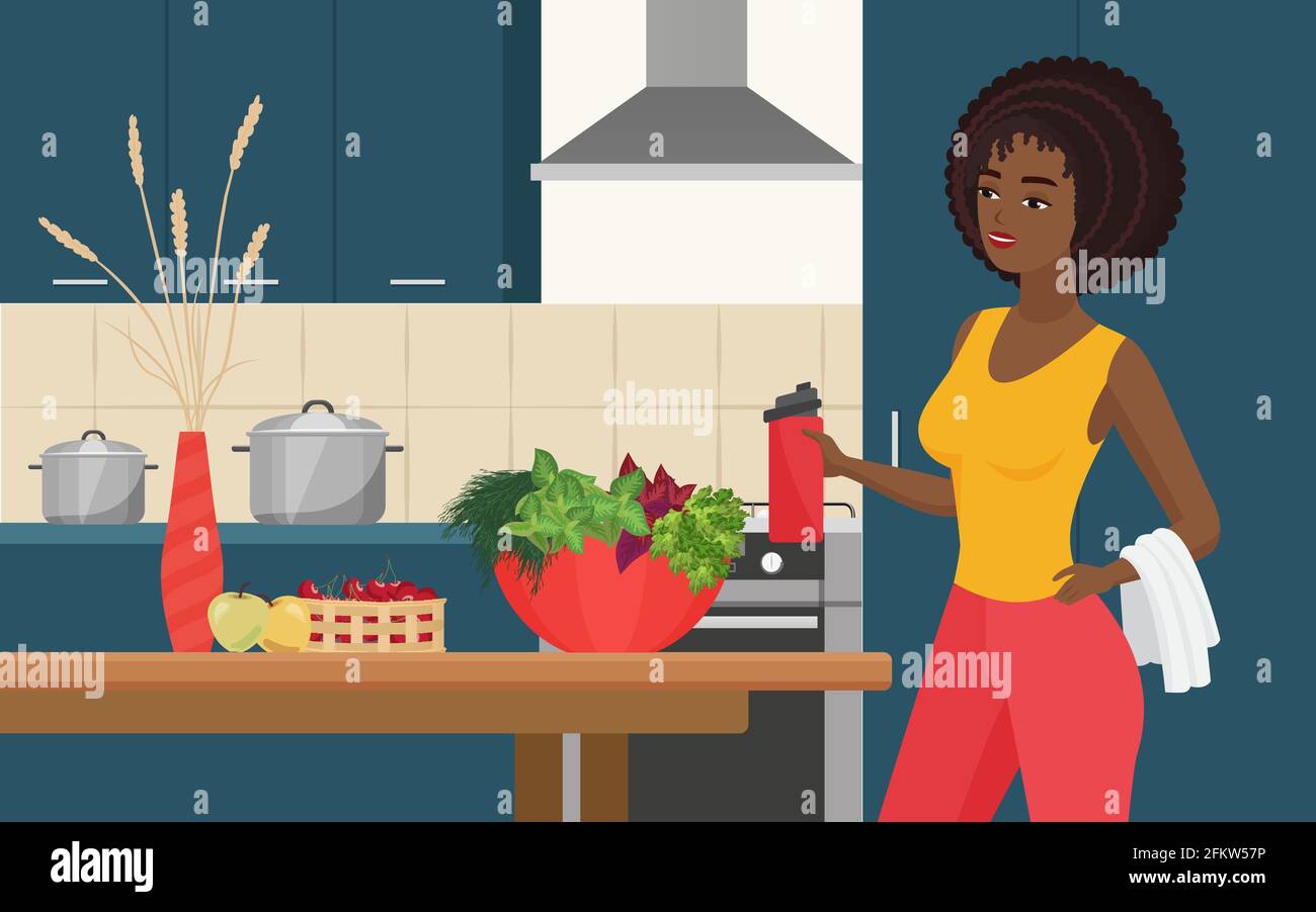 Cuisinez la nourriture, l'alimentation et le sport mode de vie sain, sportive belle fille cuisson salade fraîche Illustration de Vecteur