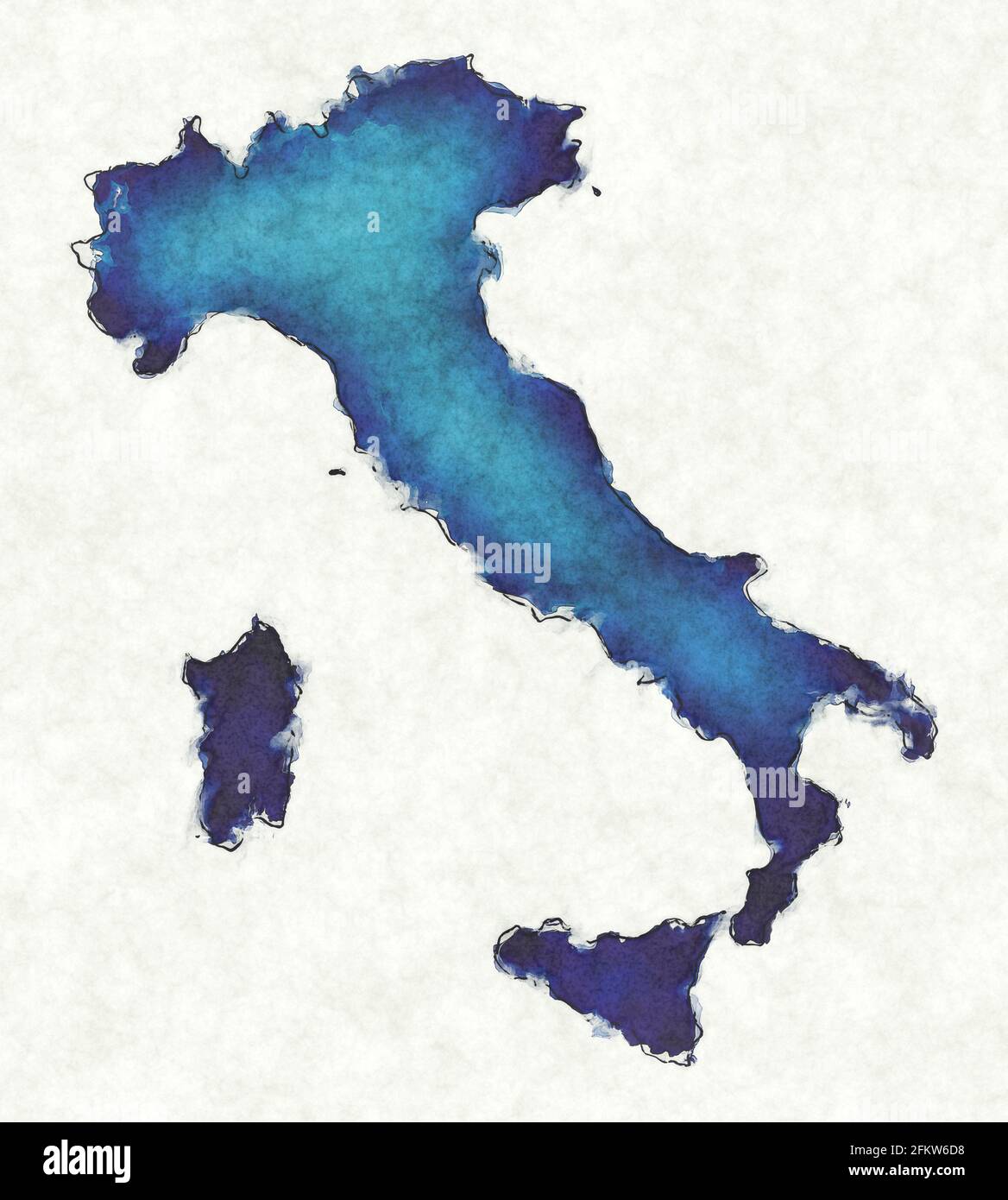 Carte de l'Italie avec lignes dessinées et illustration bleu aquarelle Banque D'Images