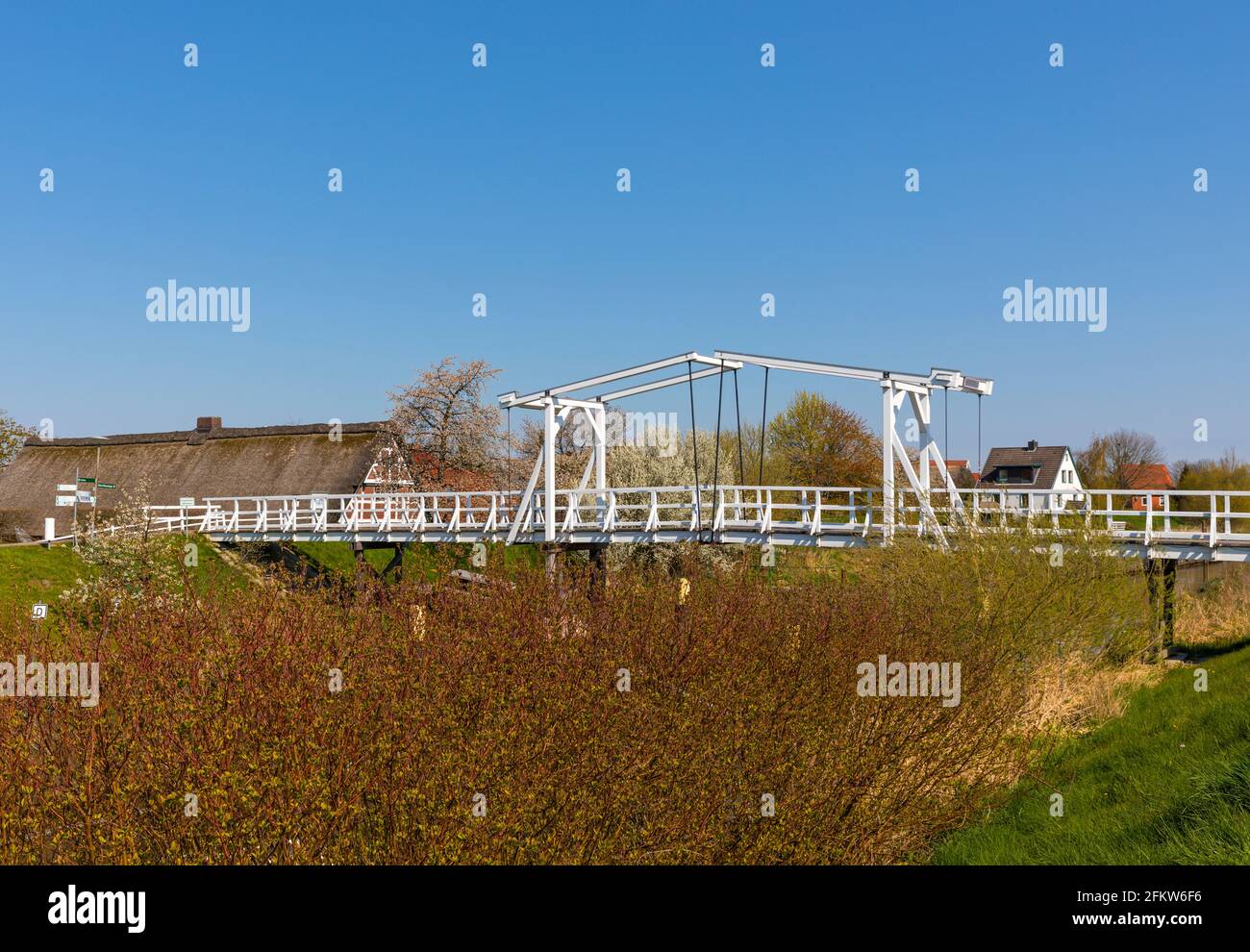 Pont en bois traversant la rivière Lühe dans la région d'Altes Land en Basse-Saxe, ferme et arbres en fleur en arrière-plan Banque D'Images