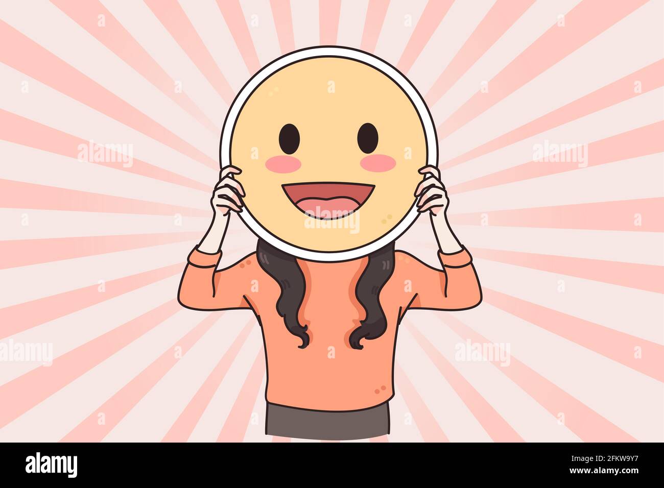 Emoji positif et concept d'espace de copie. Femme cachant son visage derrière un sourire emoji heureux, avec espace de copie, illustration positive heureuse de vecteur d'émotion Illustration de Vecteur