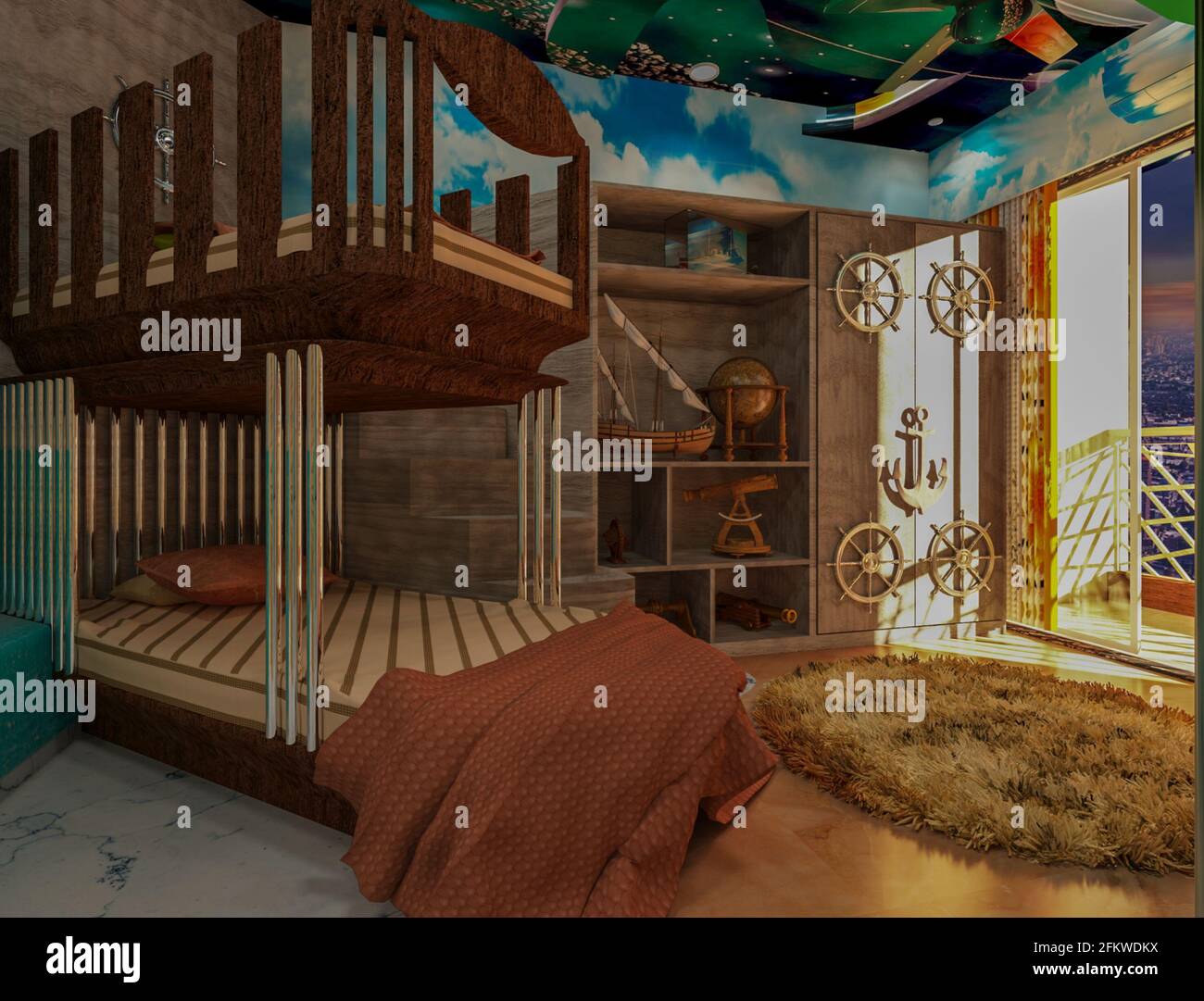 Chambre d'enfant à thème de bateau en 3D. Intérieur à thème pour les enfants. Banque D'Images
