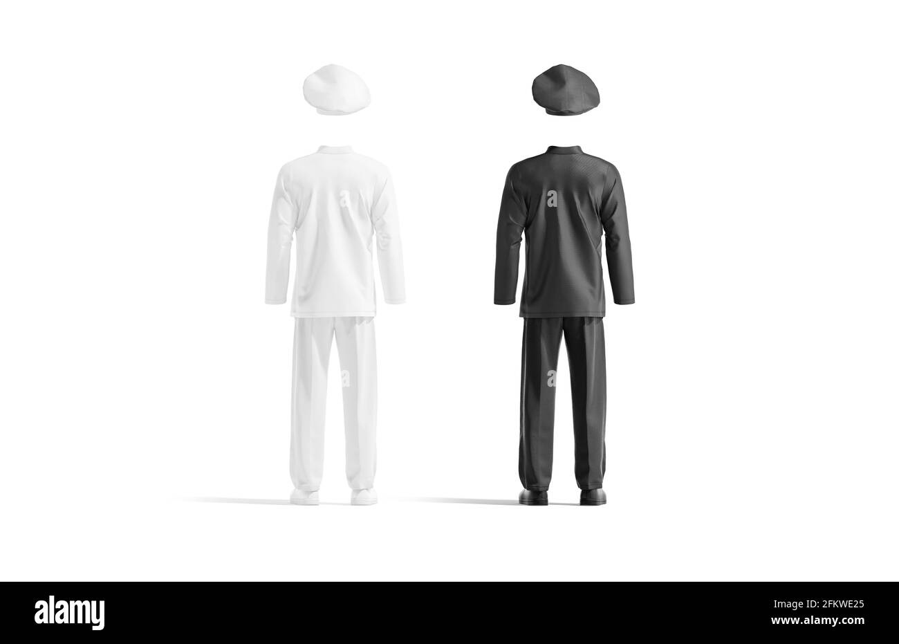 Maquette uniforme de chef noir et blanc, vue arrière, rendu 3d. Déguisement de protection pour chef-cuisinière vide, isolé. Costume de cuisine clair pour p Banque D'Images