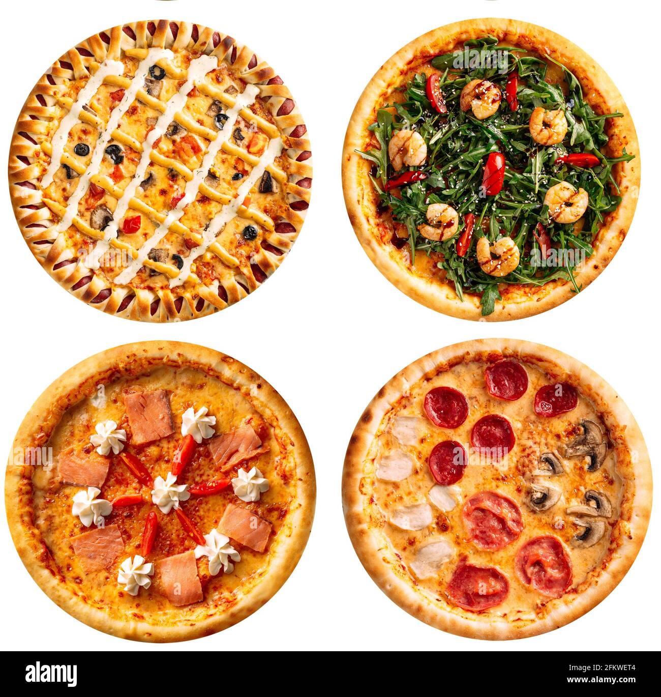 Assortiment isolé de pizzas, menu de collage Banque D'Images