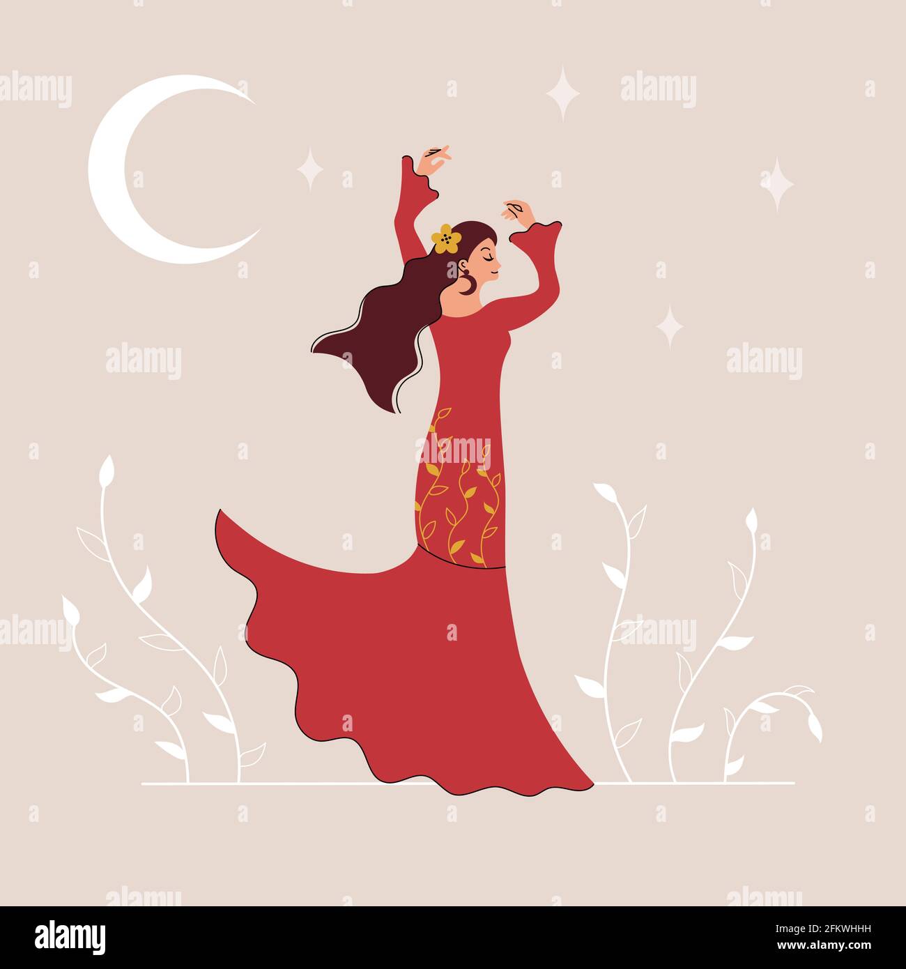 Femme dansant le flamenco et tenant un fan. Illustration de Vecteur