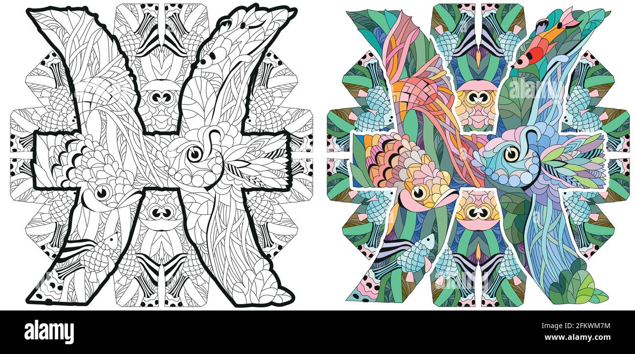 PISCES zodiac signe avec mandala, astrologie concept art. Tattoo design. Jeu de couleurs et de contours Illustration de Vecteur