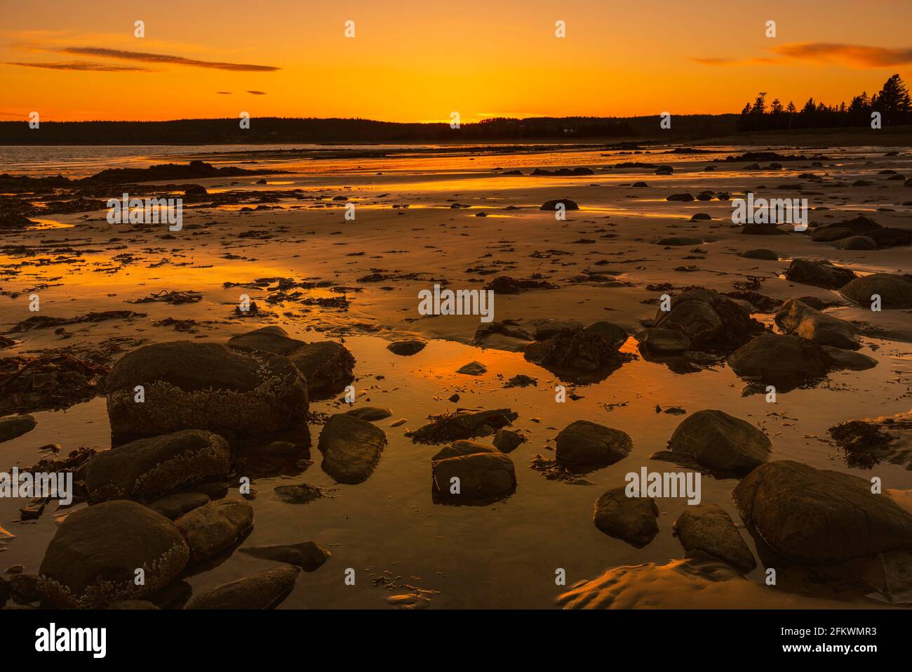 Coucher de soleil sur la plage rocheuse avec piscine de reflets d'eau Banque D'Images