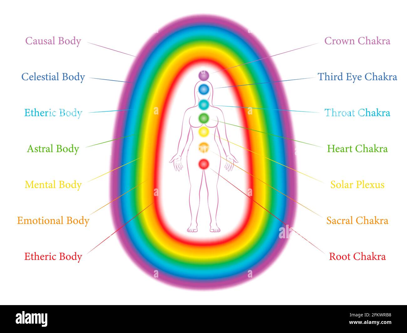 Sept chakras principaux et les couches d'aura correspondantes d'une femme debout. Couche éthérique, émotionnelle, mentale, astrale, céleste et causale. Banque D'Images